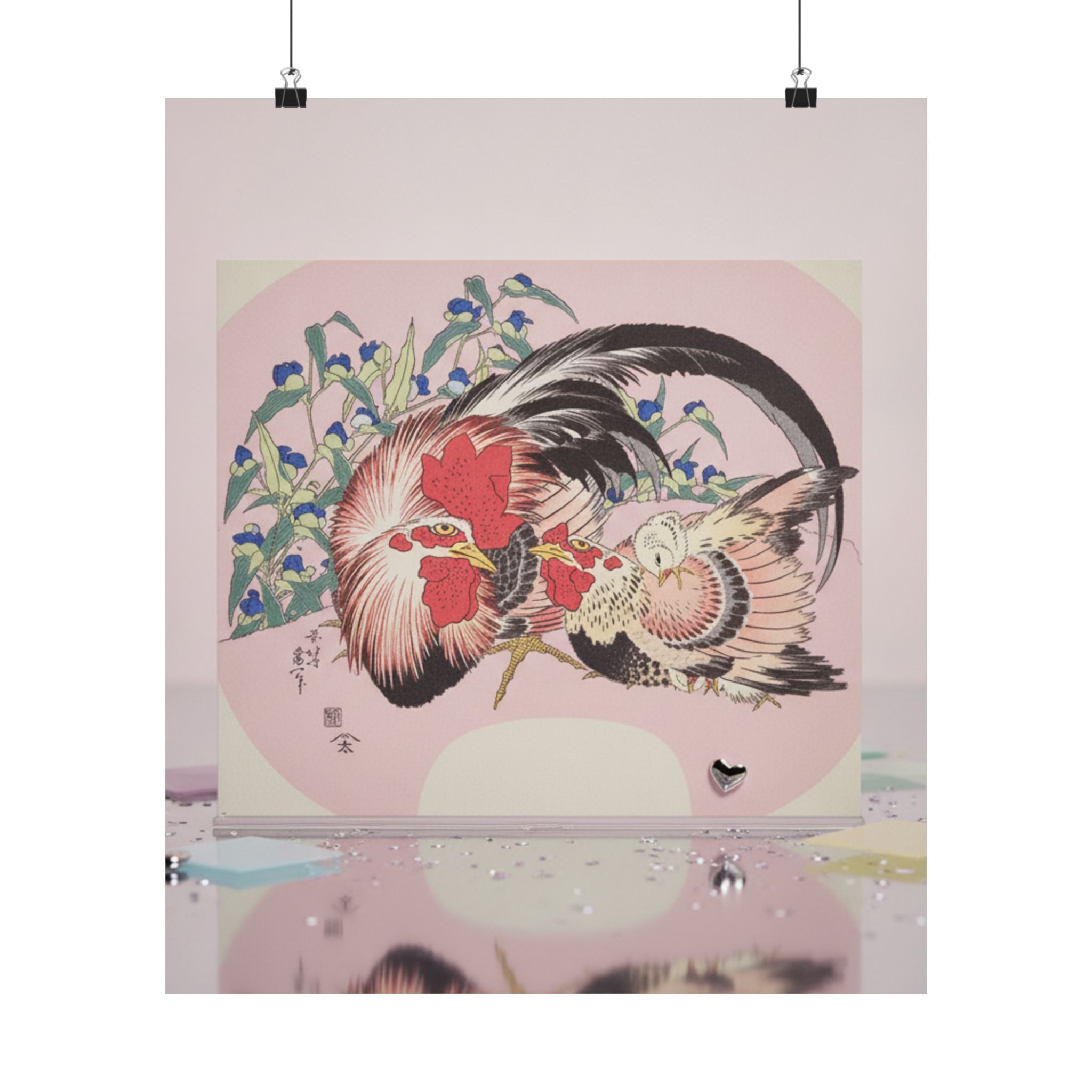 Product Marketing — Rooster, Hen And Chicken With Spiderwort — Matte Poster