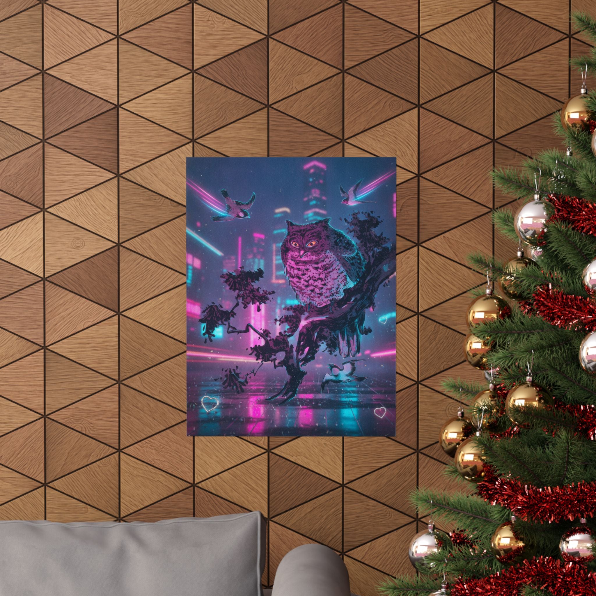 Neon Noir — Owl And Two Swallows — Matte Poster