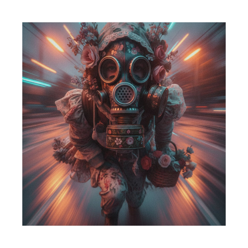 Neon Tunnel Rose Gas Mask Post-Apocalyptic Poster