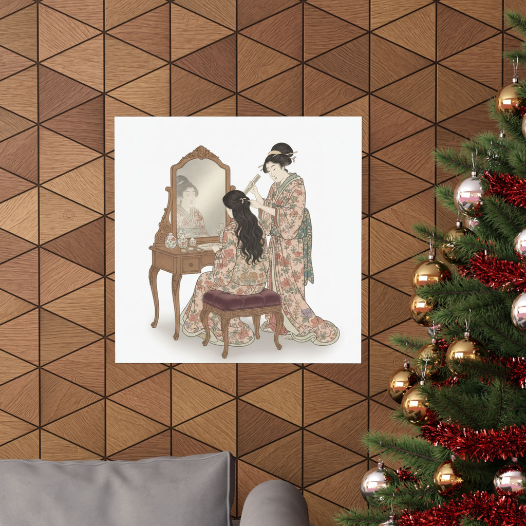 Ecommerce Main — A Woman At Her Toilet Seated Before A Mirror, Having Her Hair Combed By A Kameyu — Matte Poster