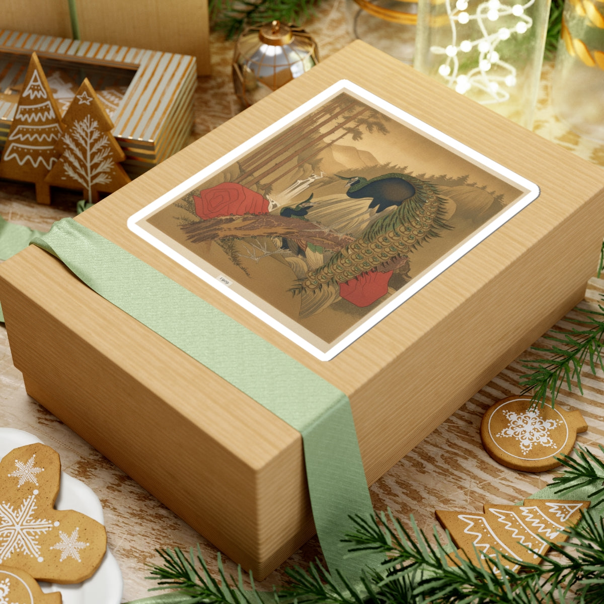 Scenic Nature — Painting Of Peacocks, Pines, A Waterfall, And A Roll Of Red Fabric — Kiss-Cut Sticker