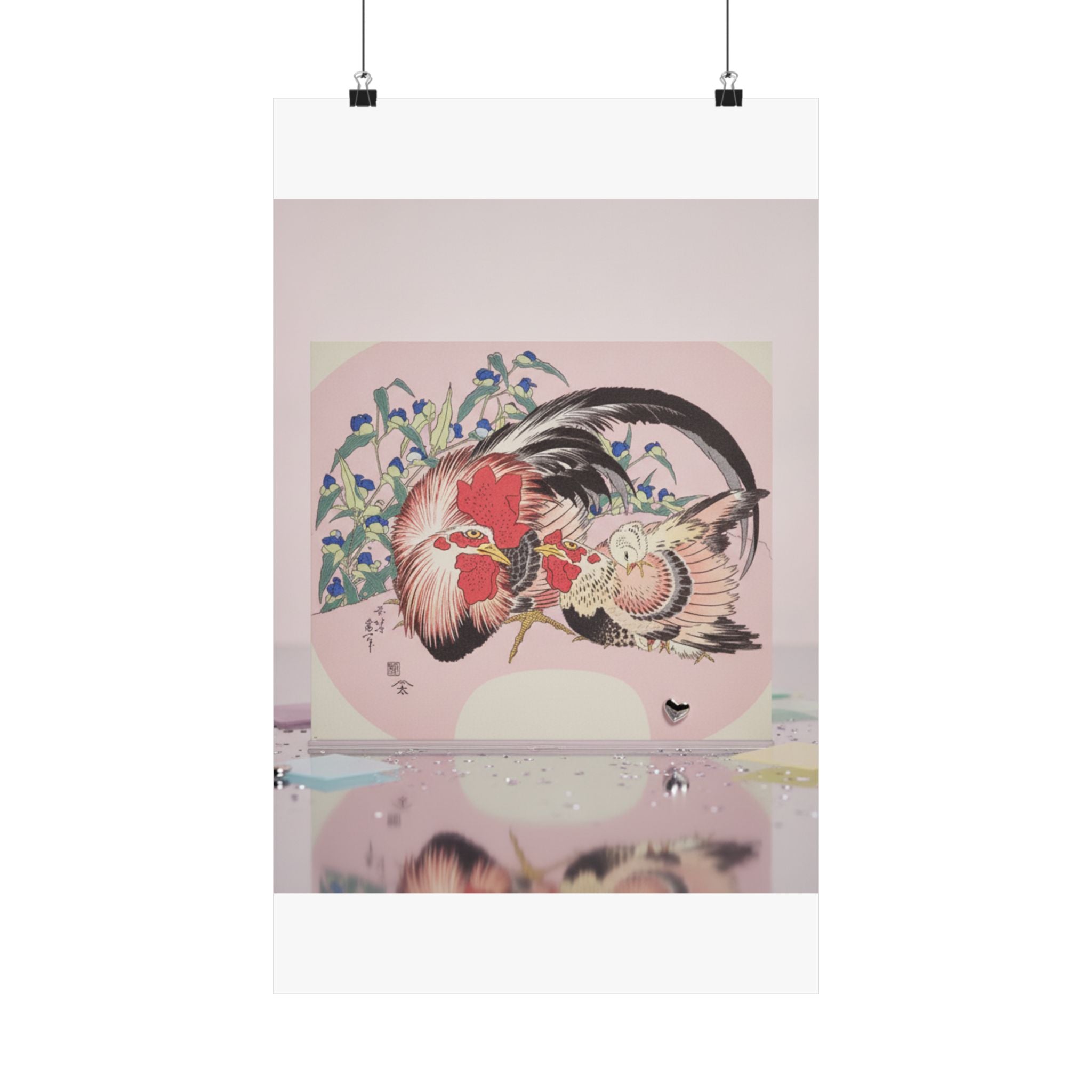 Product Marketing — Rooster, Hen And Chicken With Spiderwort — Matte Poster