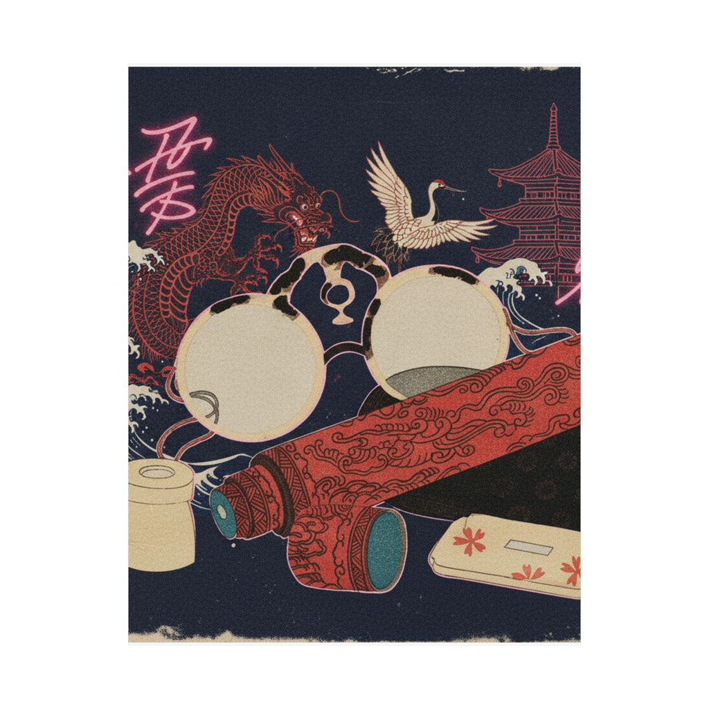 Japanese Street — Spectacles And Telescope With Cases — Matte Poster
