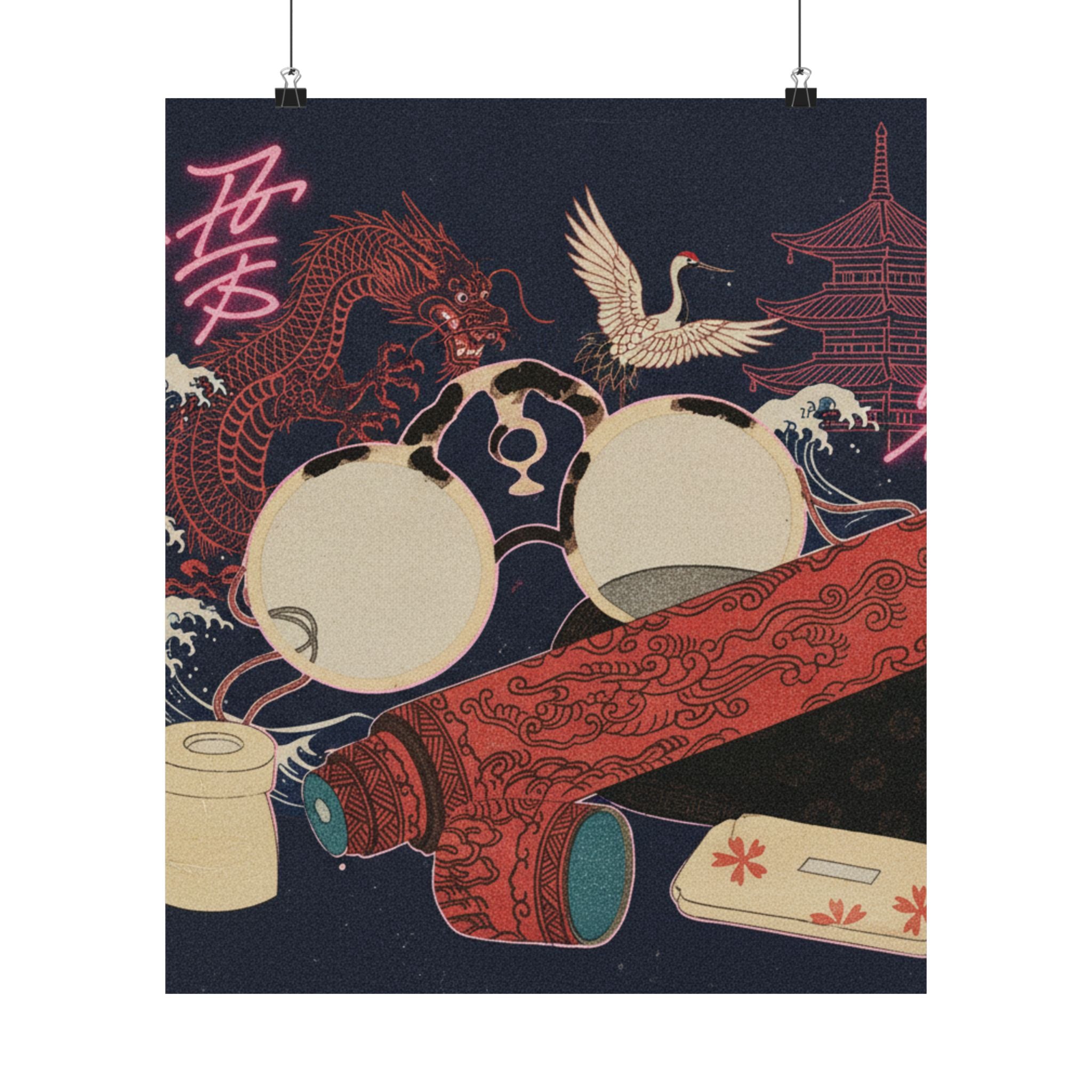 Japanese Street — Spectacles And Telescope With Cases — Matte Poster