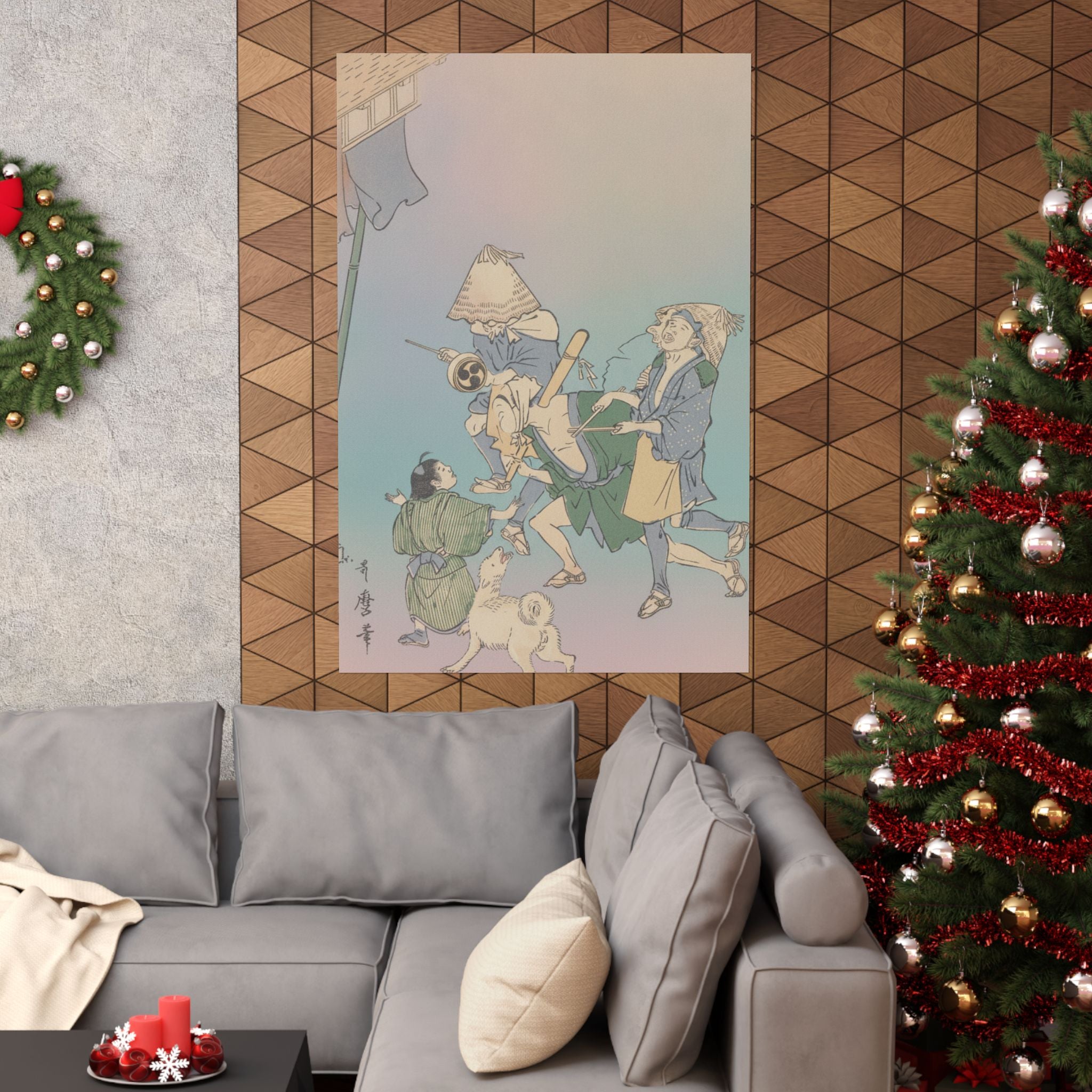 Affirmation — Three Revelers Of The Lower Classes, Wearing Komuso Hats, With Small Boy And Dog — Matte Poster
