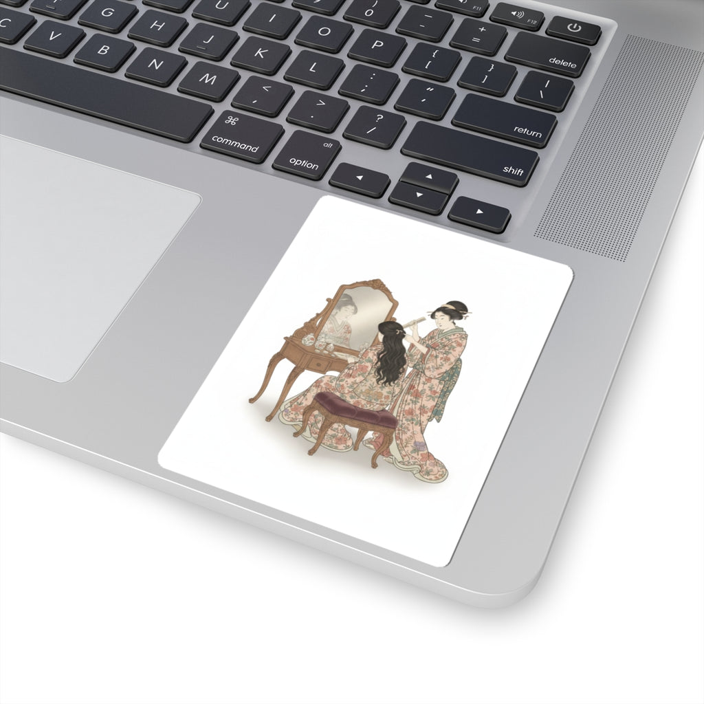Ecommerce Main — A Woman At Her Toilet Seated Before A Mirror, Having Her Hair Combed By A Kameyu — Kiss-Cut Sticker