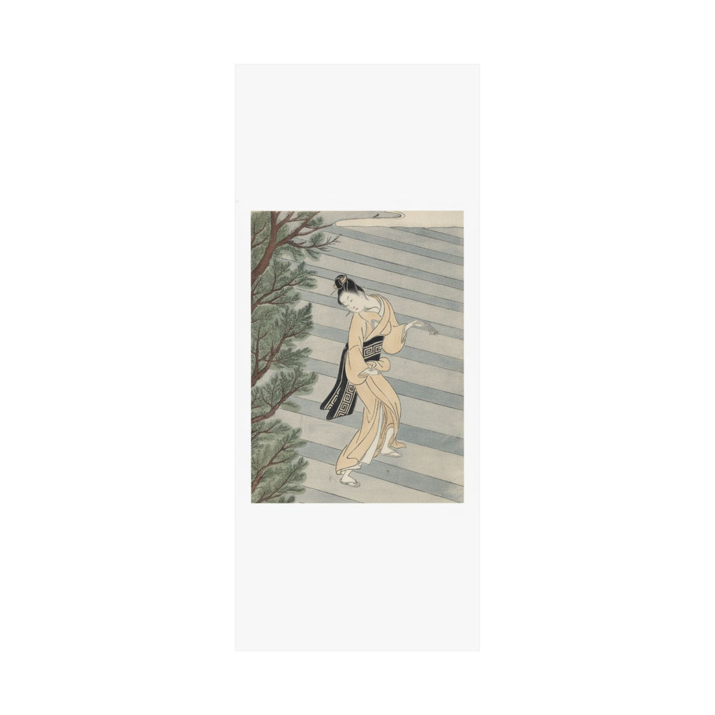 Watercolor — Young Woman Climbing Stone Stairs To A Shinto Temple — Matte Poster