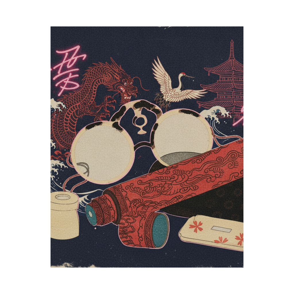Japanese Street — Spectacles And Telescope With Cases — Matte Poster