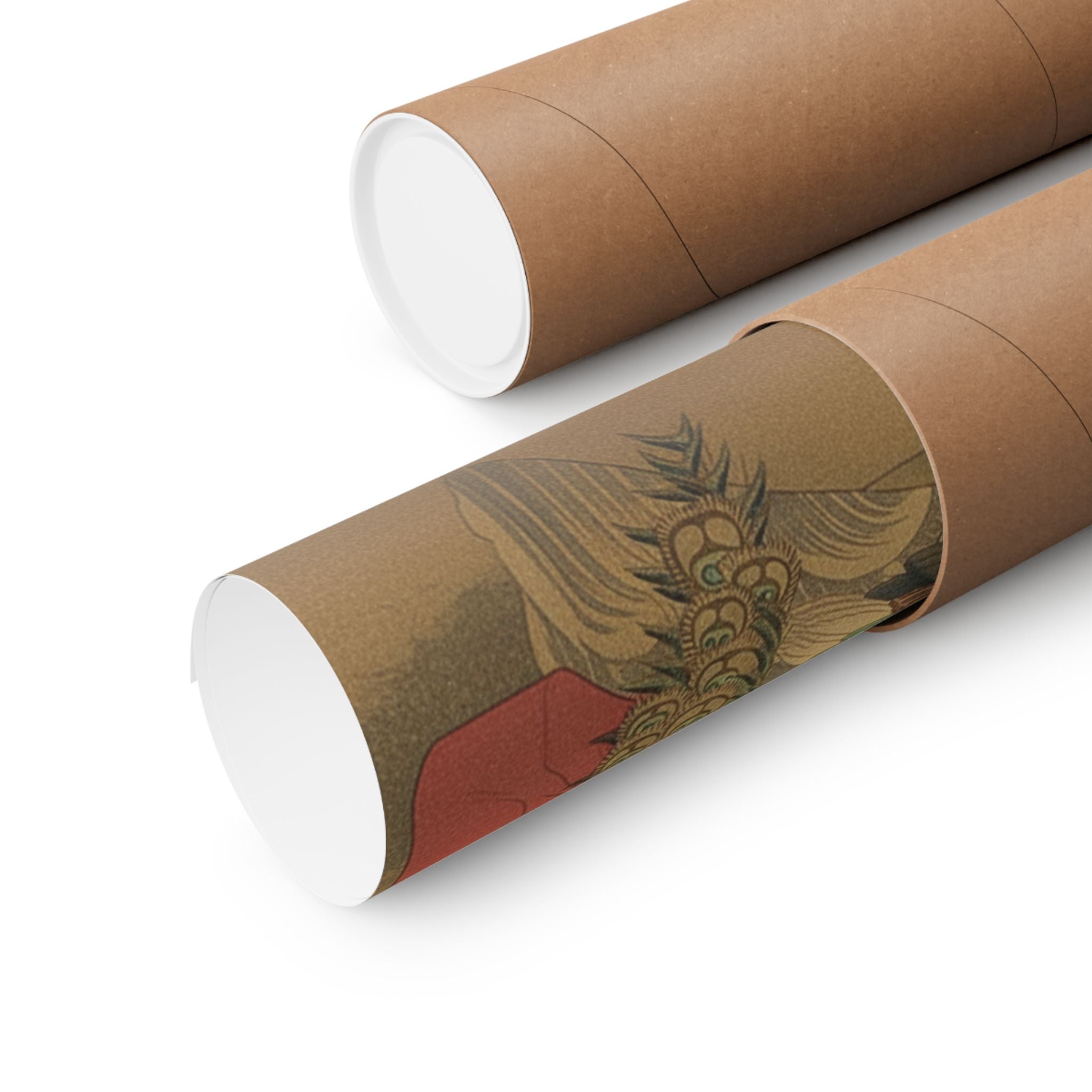 Scenic Nature — Painting Of Peacocks, Pines, A Waterfall, And A Roll Of Red Fabric — Matte Poster
