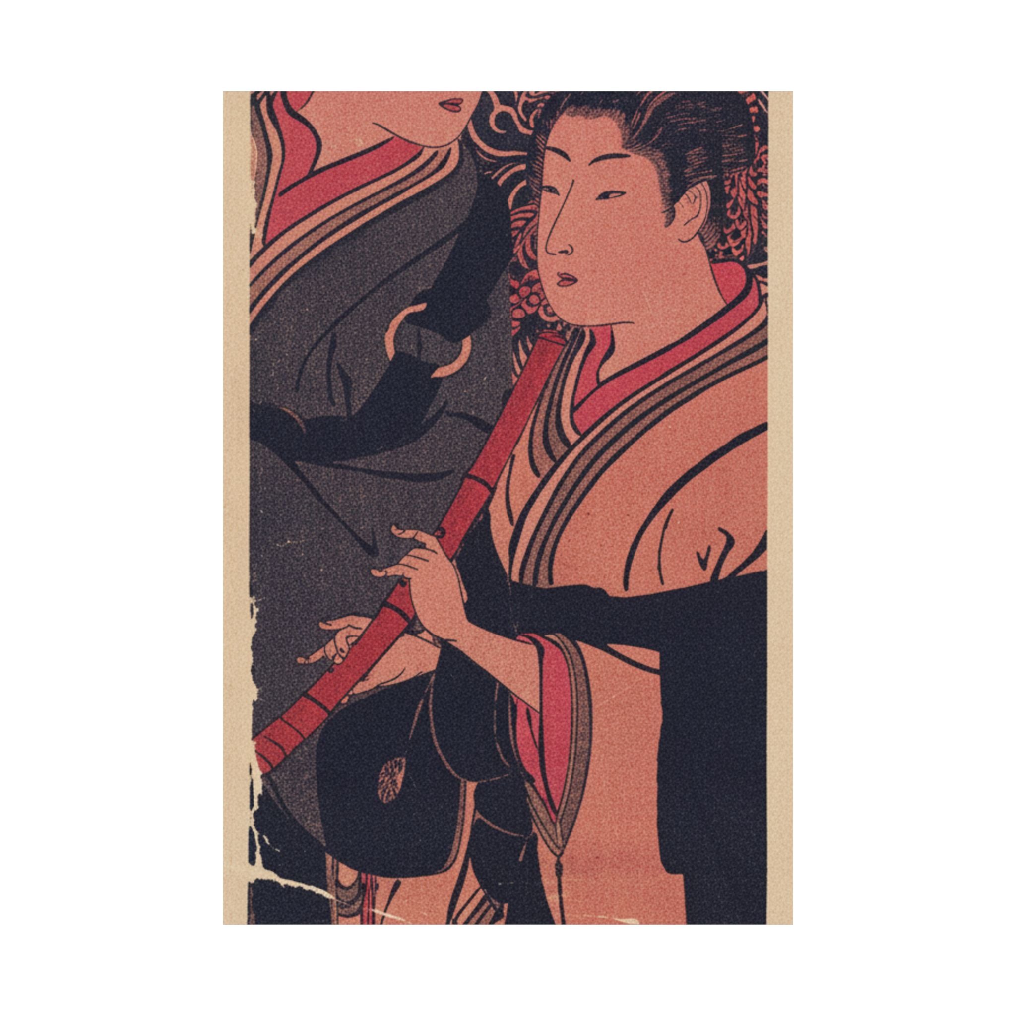 Japanese Street — Two Men, One Playing A Flute — Matte Poster