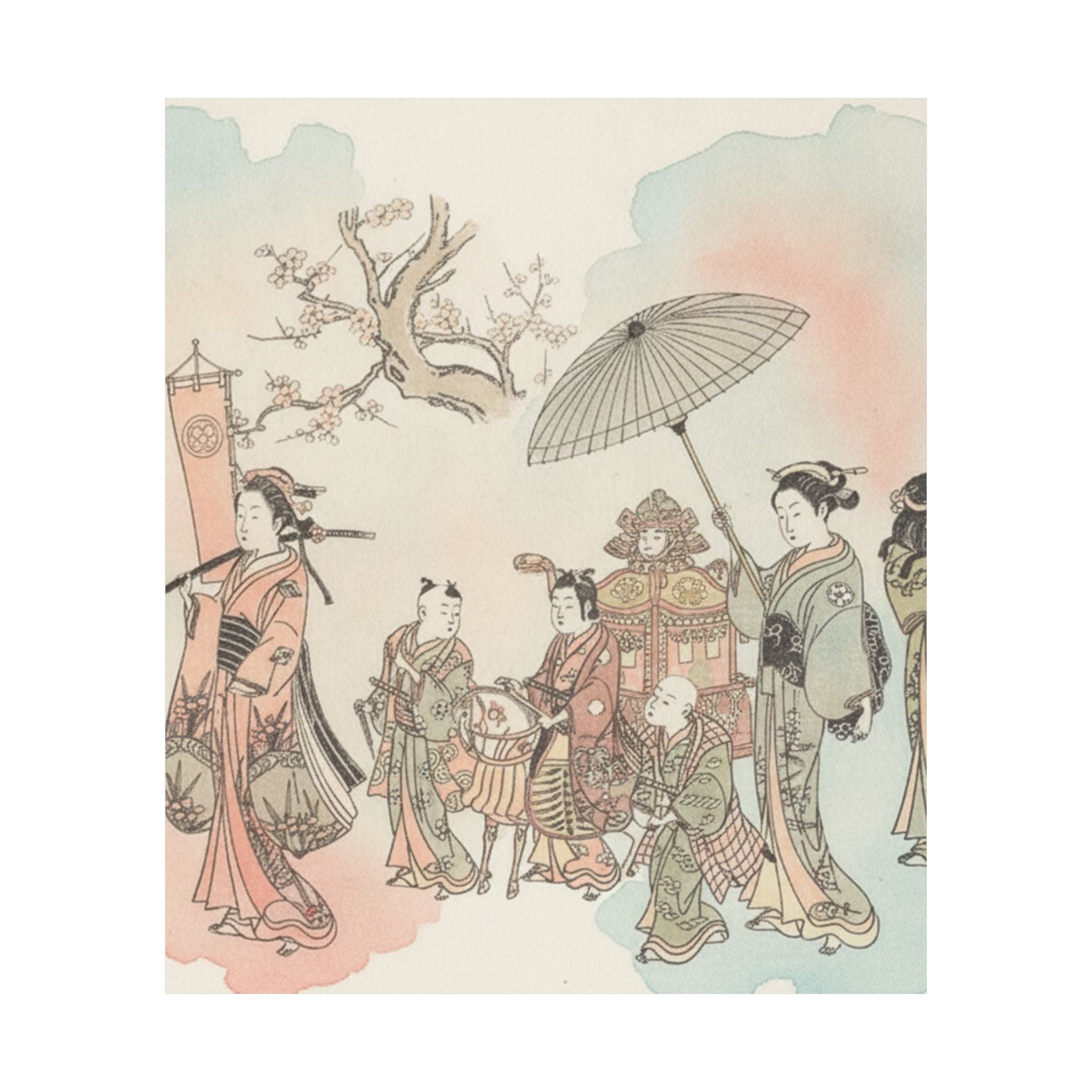 Watercolor — Children Play-Acting A Daimyo Procession — Matte Poster