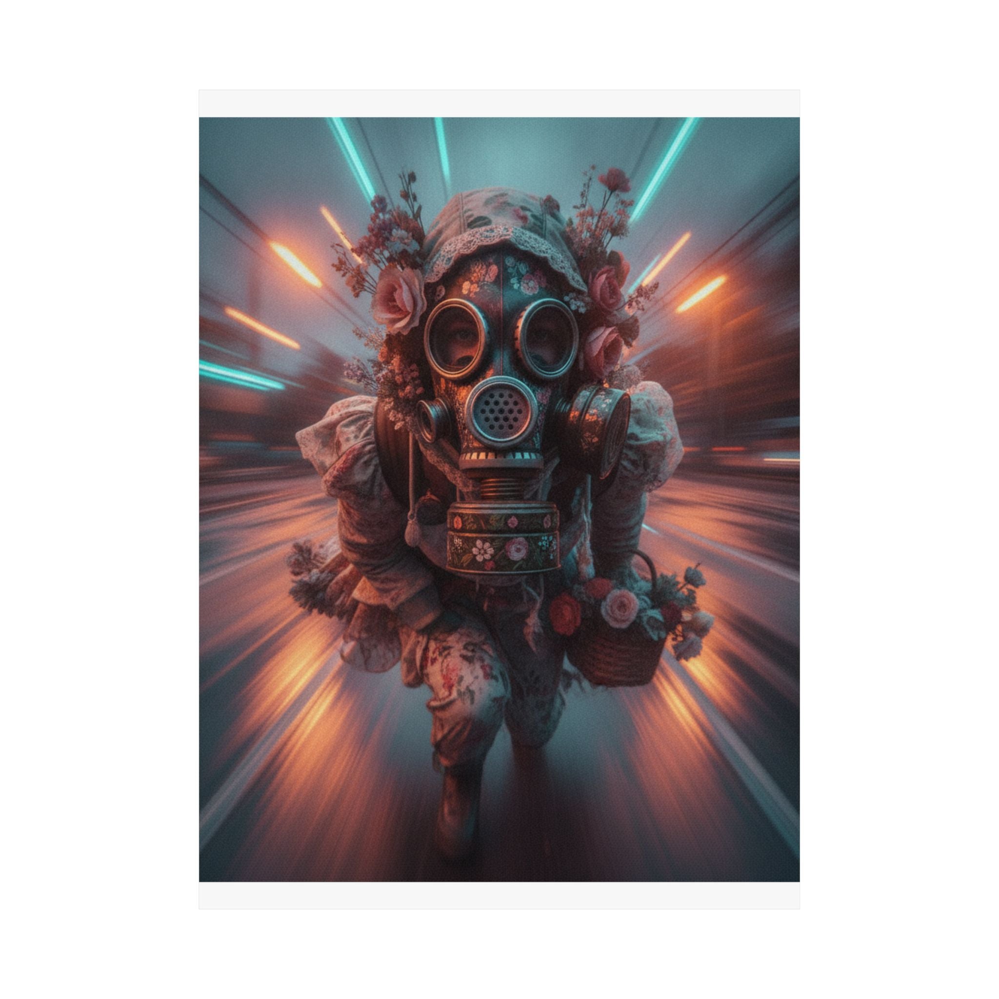 Neon Tunnel Rose Gas Mask Post-Apocalyptic Poster