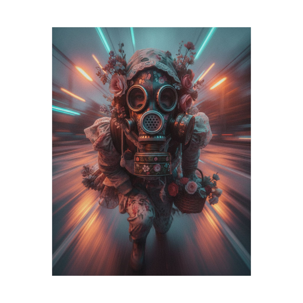 Neon Tunnel Rose Gas Mask Post-Apocalyptic Poster