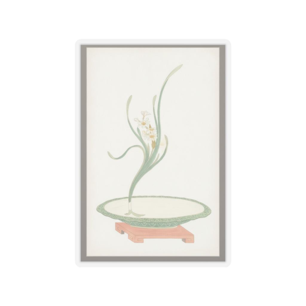 Watercolor — Flower Arrangement Of Suisen (Narcissus) In A Flat Green Dish — Kiss-Cut Sticker