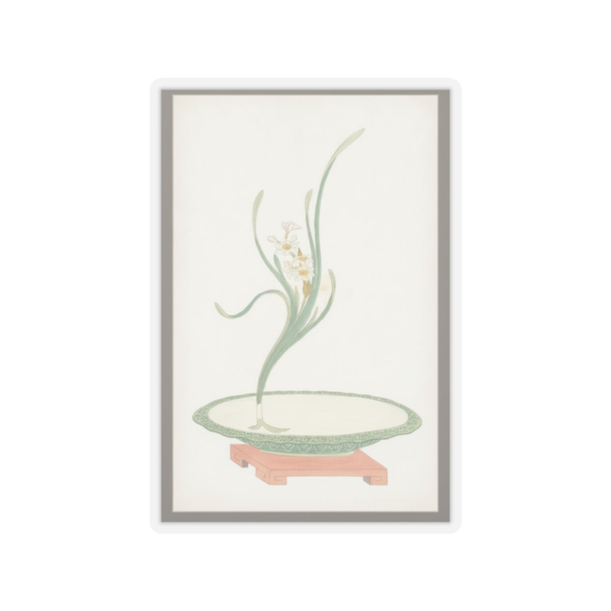 Watercolor — Flower Arrangement Of Suisen (Narcissus) In A Flat Green Dish — Kiss-Cut Sticker