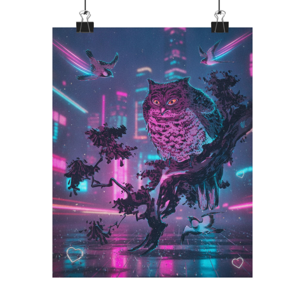 Neon Noir — Owl And Two Swallows — Matte Poster