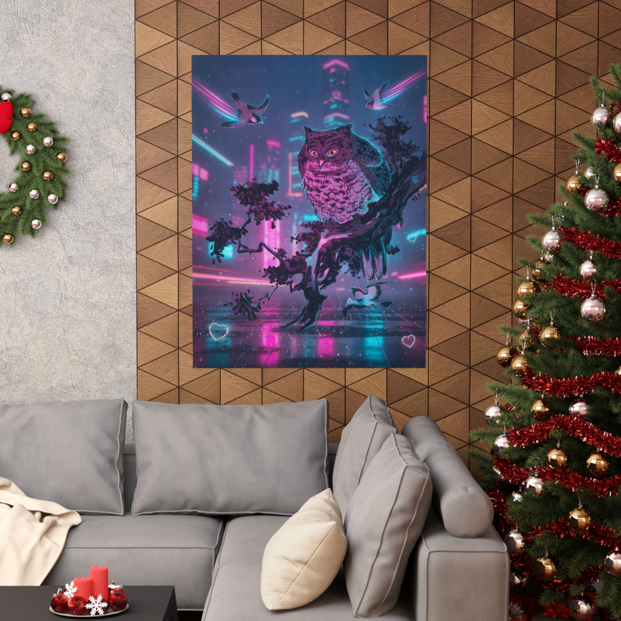 Neon Noir — Owl And Two Swallows — Matte Poster