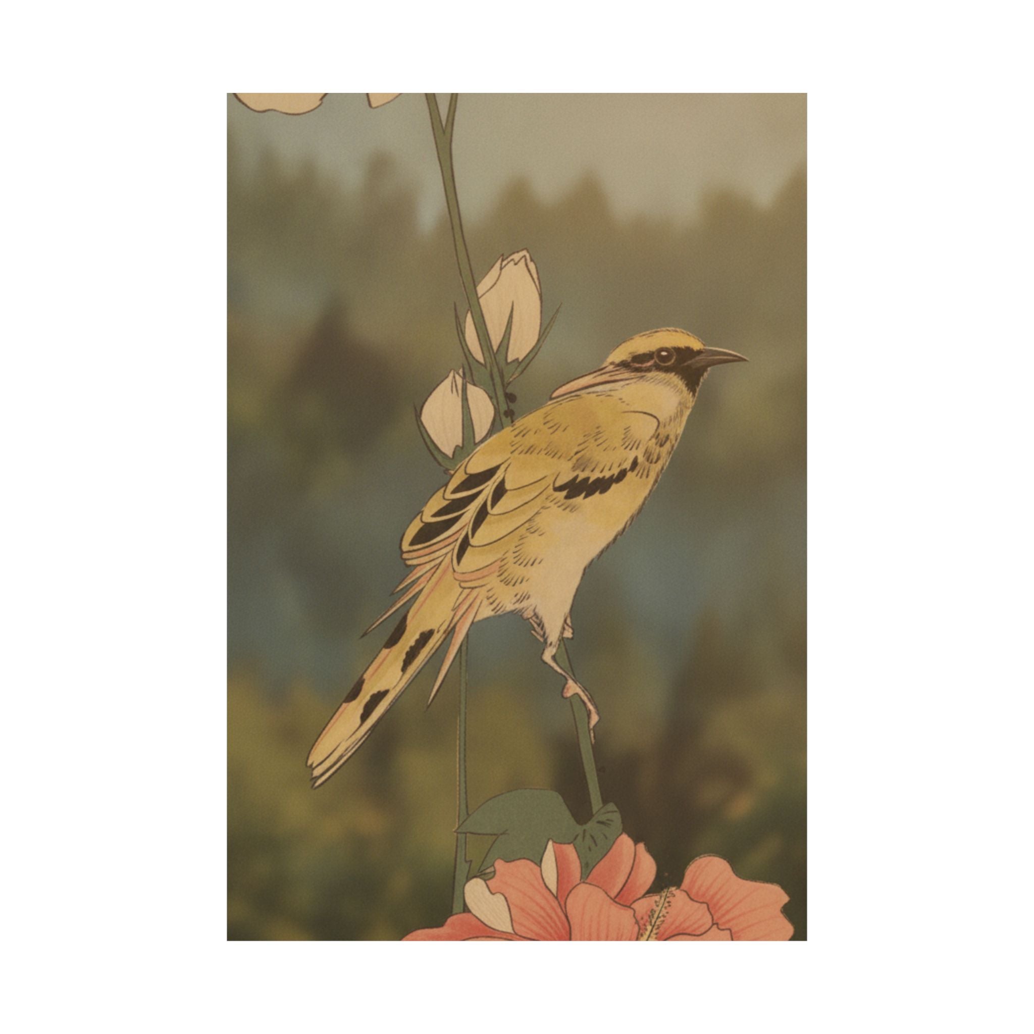 Scenic Nature — Black-Naped Oriole Perched On A Stem Of Rose Mallow — Matte Poster