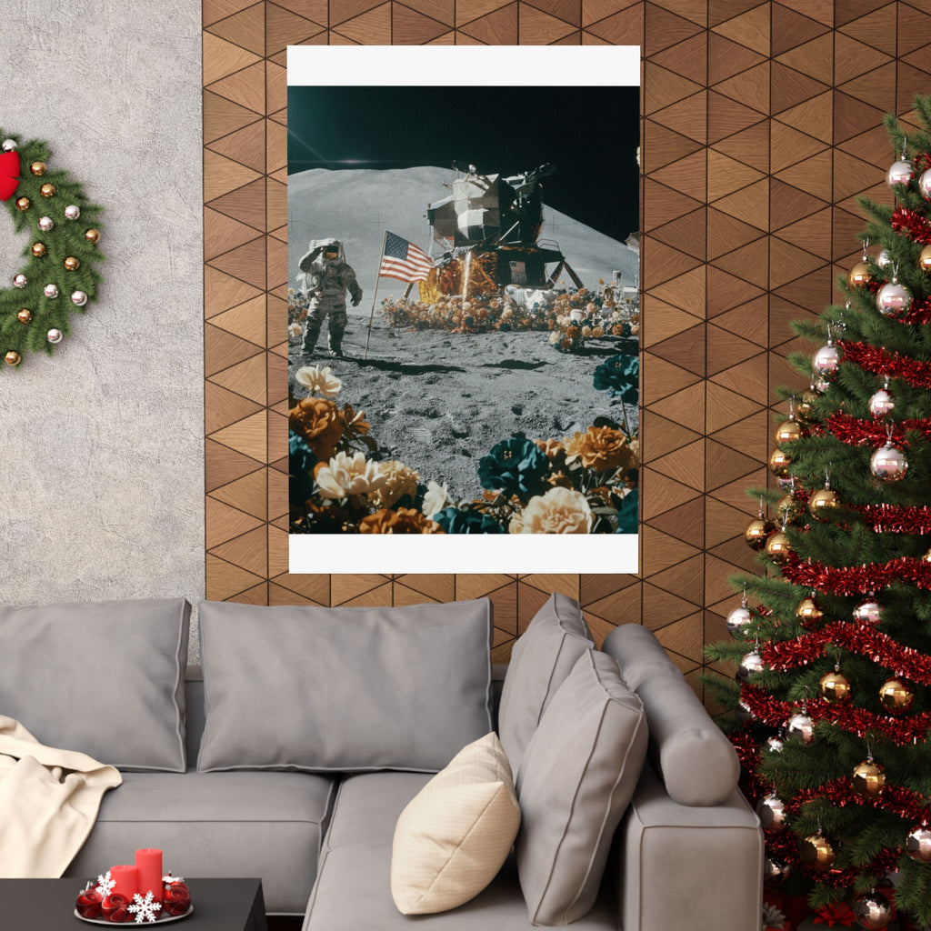 Astronaut Moon Landing in Bloom Surreal Space Poster