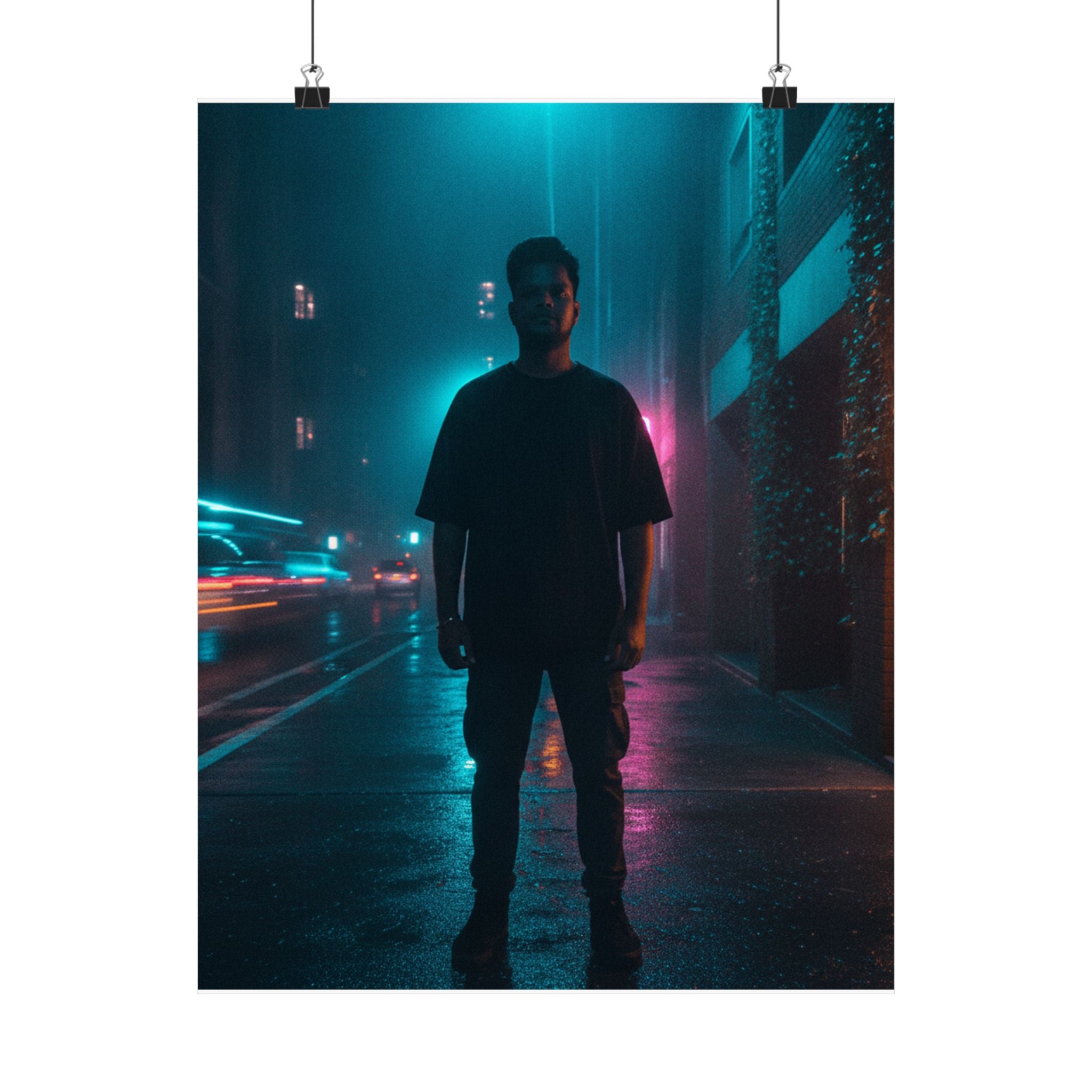 Rainy Neon City Street Silhouette Teal Pink Matte Poster