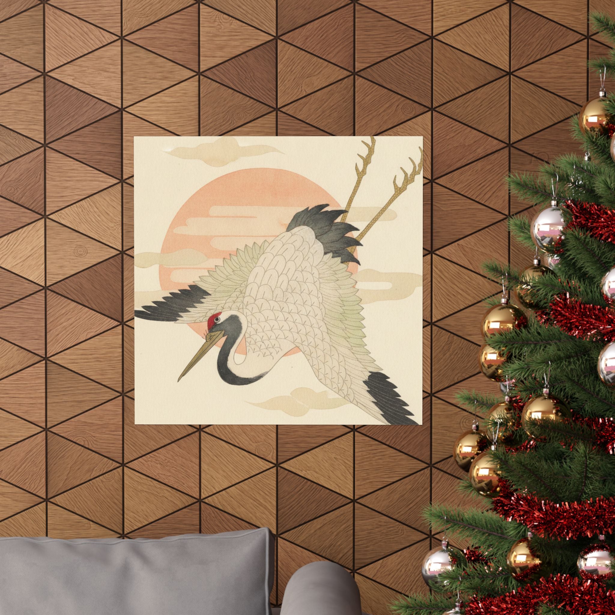 Botanical — White Crane Flying Across The Sun'S Disc — Matte Poster