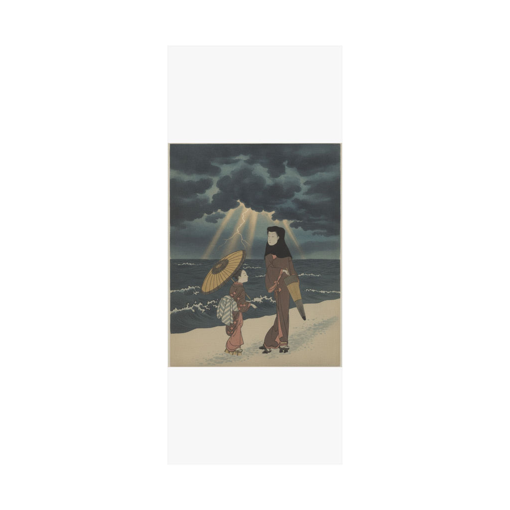 Dramatic Storm — Lady With Black Hood And Umbrella Out Walking With Young Attendant — Matte Poster