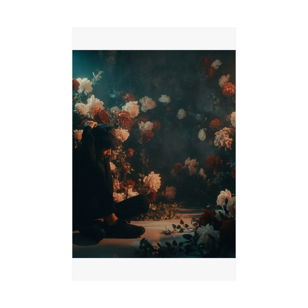 Kneeling Figure in Dark Rose Garden Moody Poster