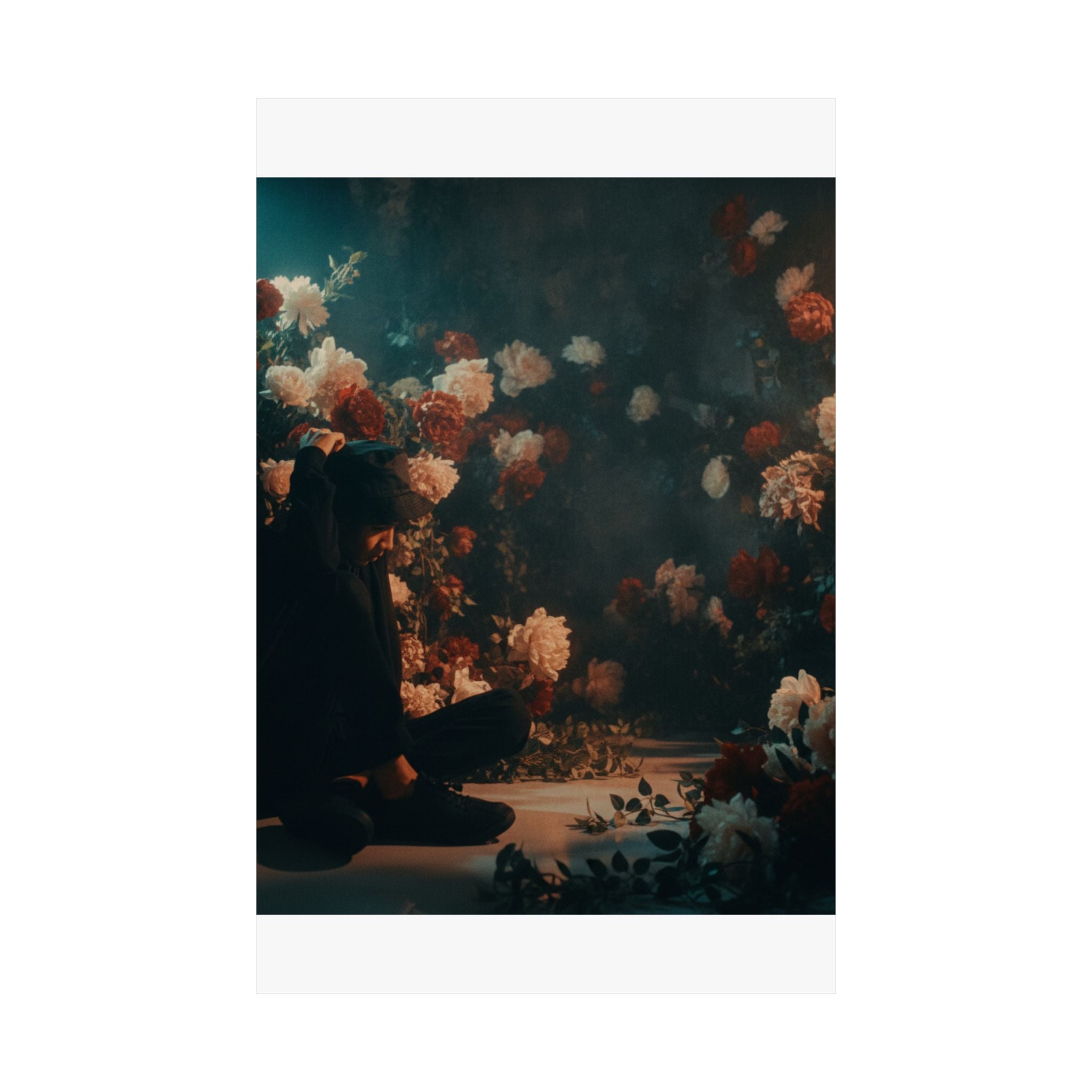 Kneeling Figure in Dark Rose Garden Moody Poster