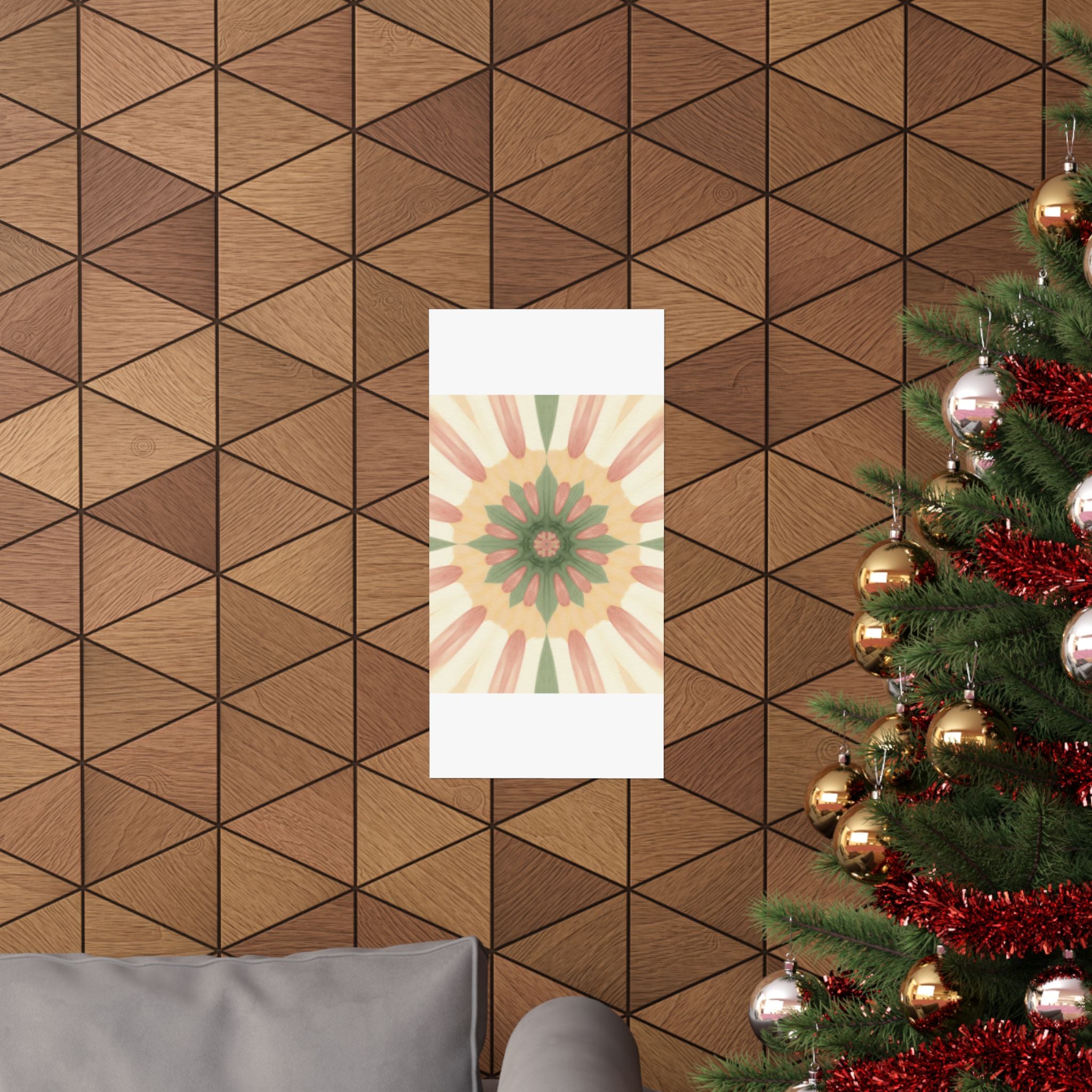 Peach and Sage Floral Kaleidoscope Mandala Poster