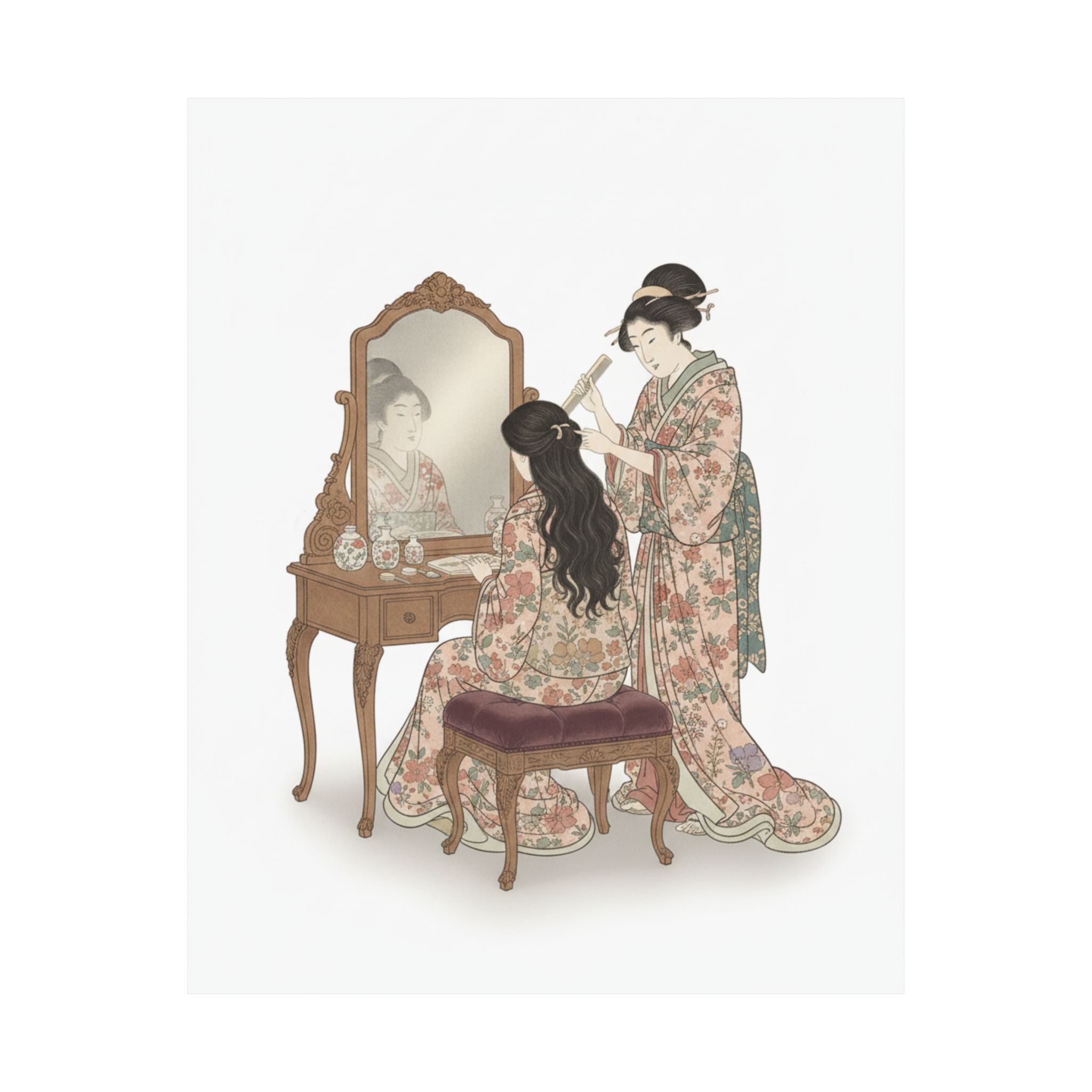 Ecommerce Main — A Woman At Her Toilet Seated Before A Mirror, Having Her Hair Combed By A Kameyu — Matte Poster