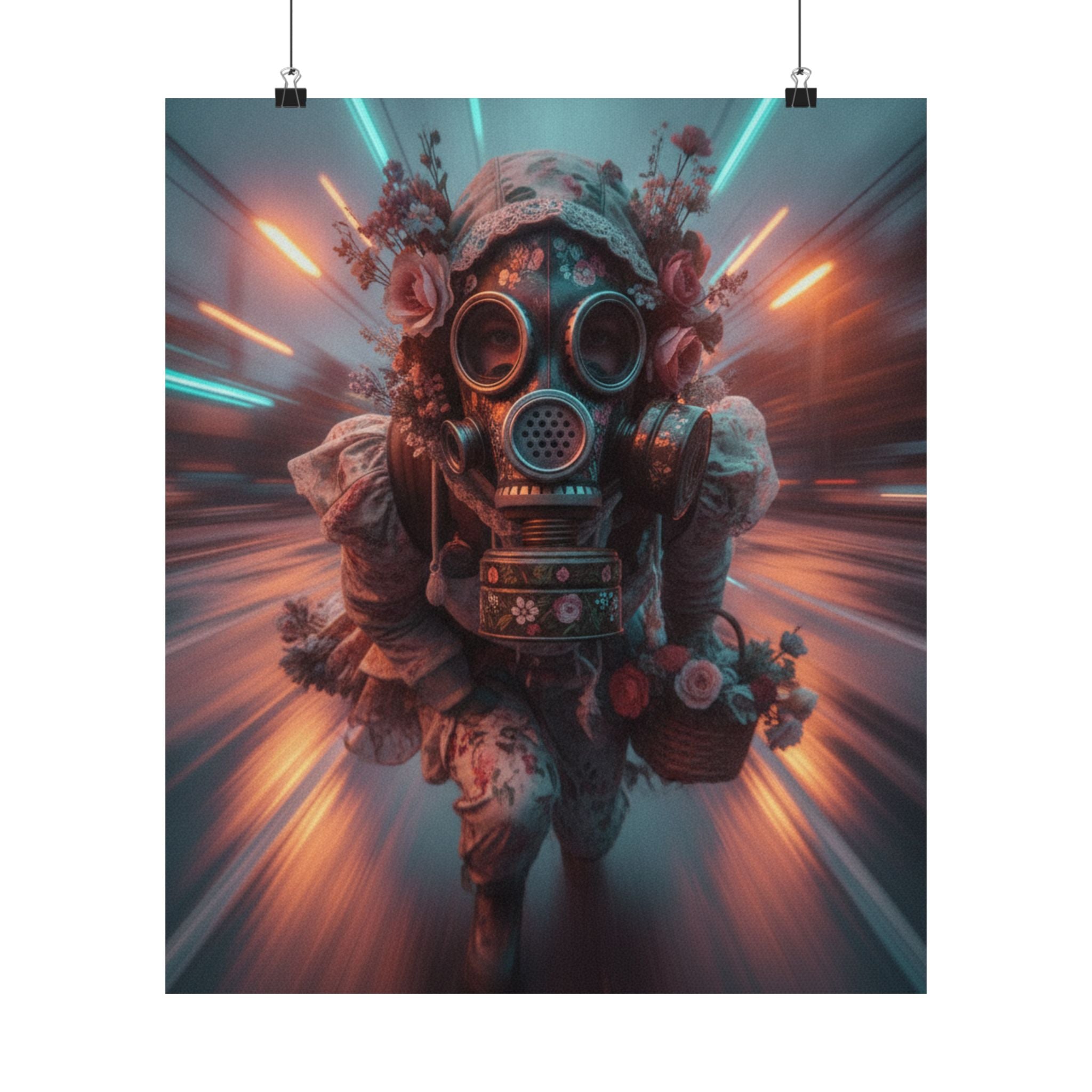 Neon Tunnel Rose Gas Mask Post-Apocalyptic Poster