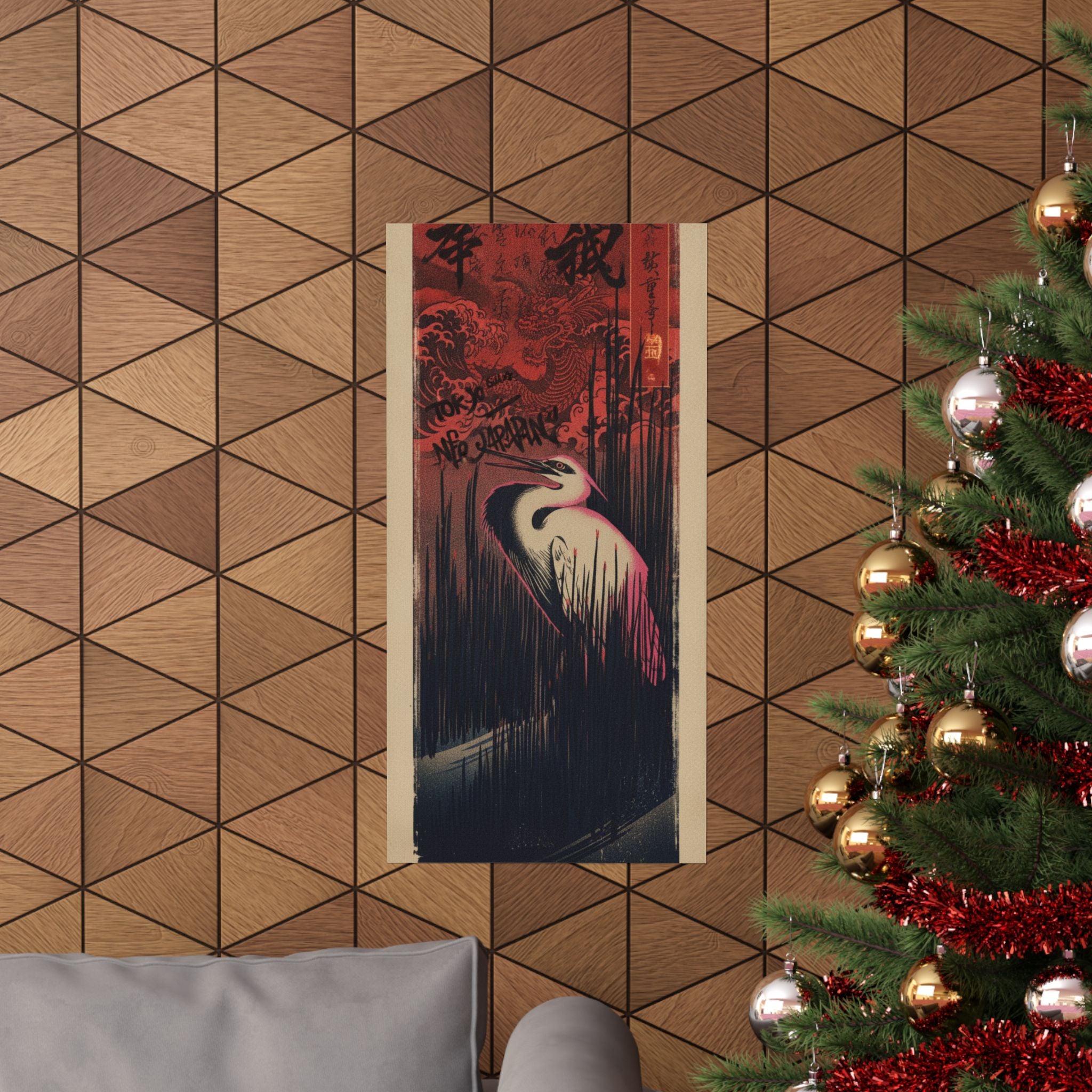 Japanese Street — White Heron Standing Among Reeds — Matte Poster