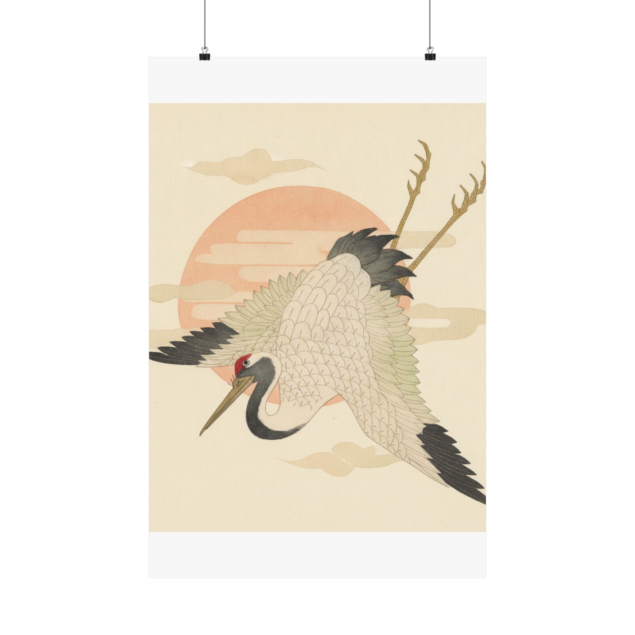 Botanical — White Crane Flying Across The Sun'S Disc — Matte Poster