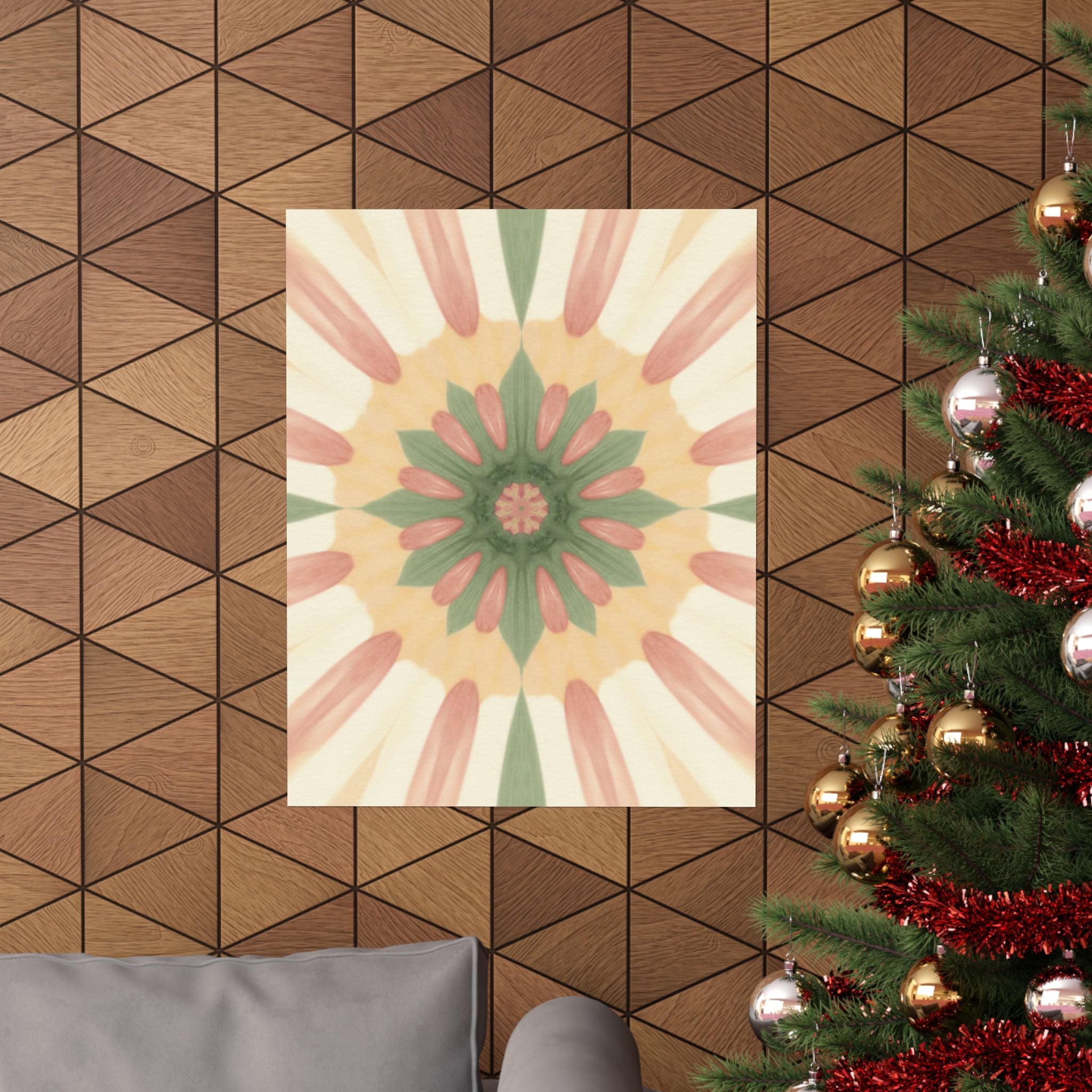 Peach and Sage Floral Kaleidoscope Mandala Poster
