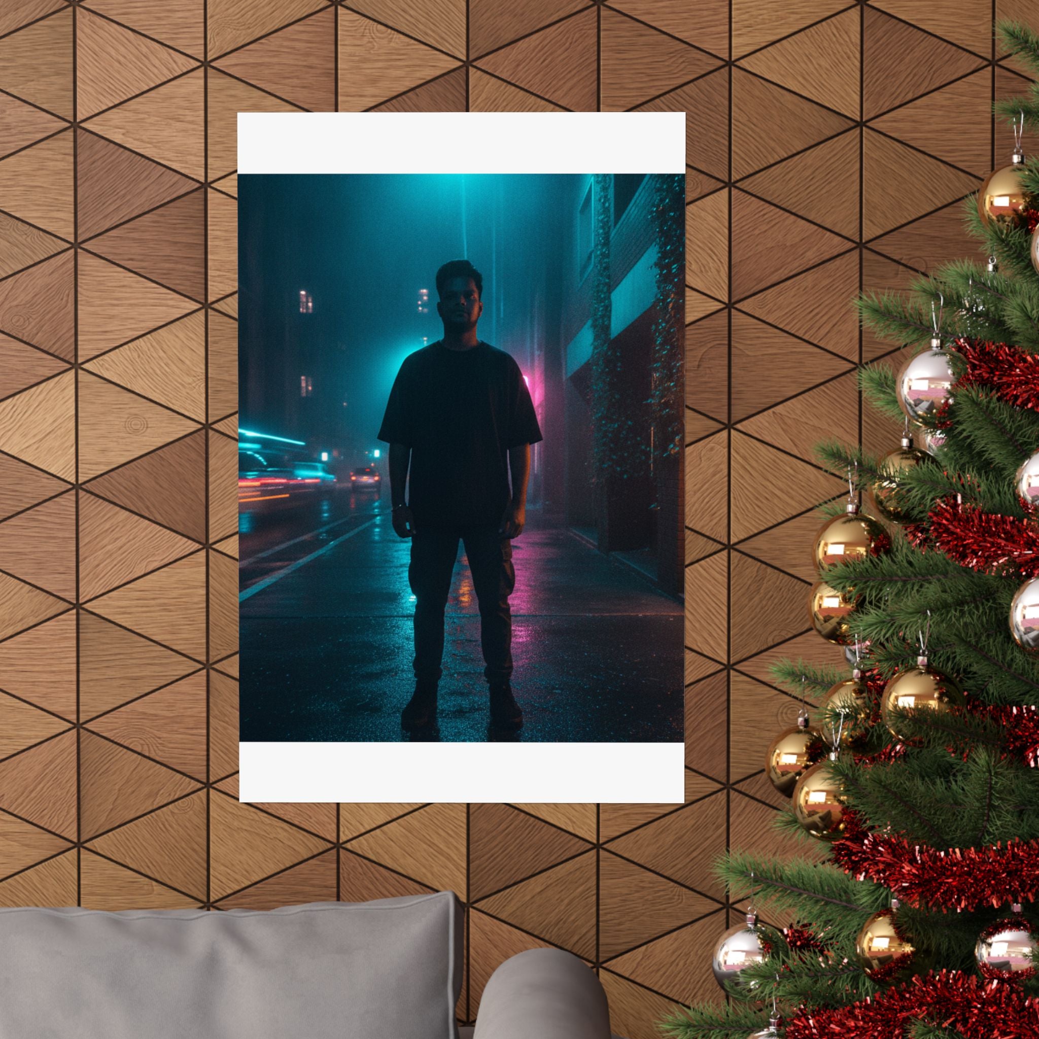 Rainy Neon City Street Silhouette Teal Pink Matte Poster