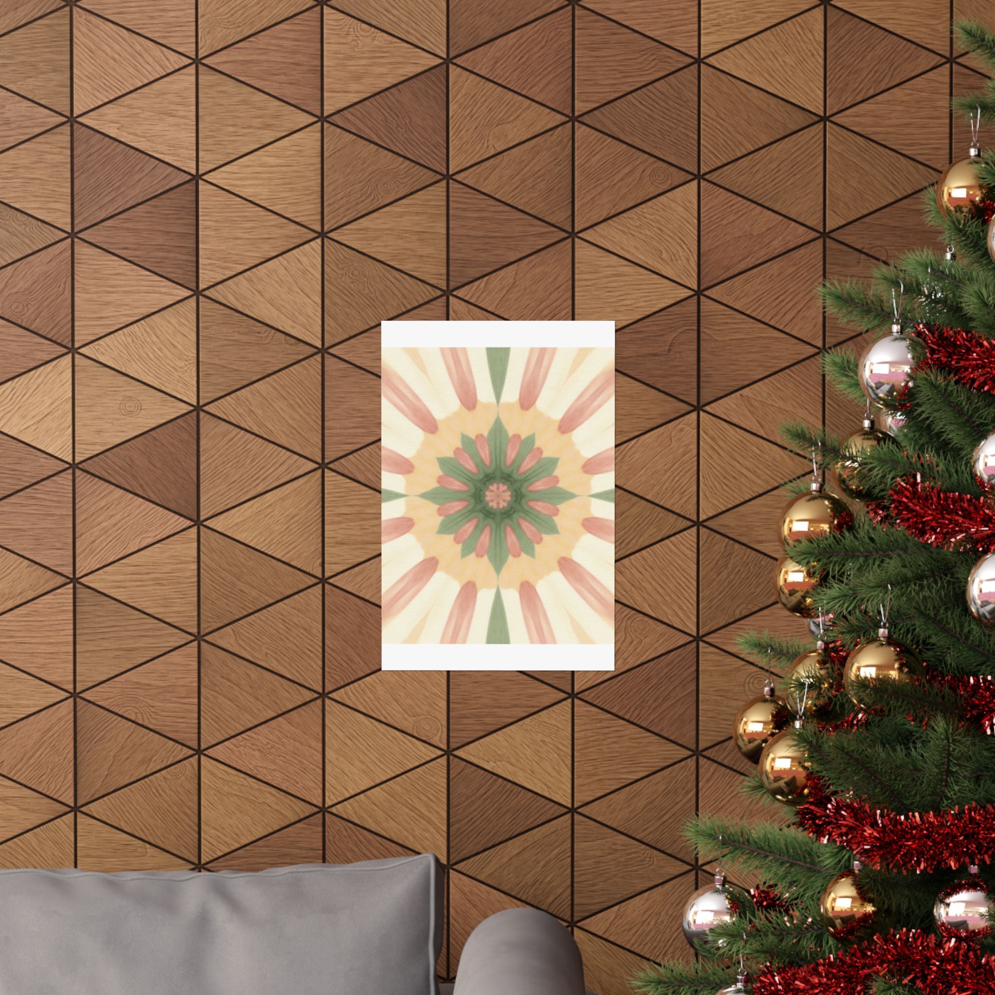 Peach and Sage Floral Kaleidoscope Mandala Poster