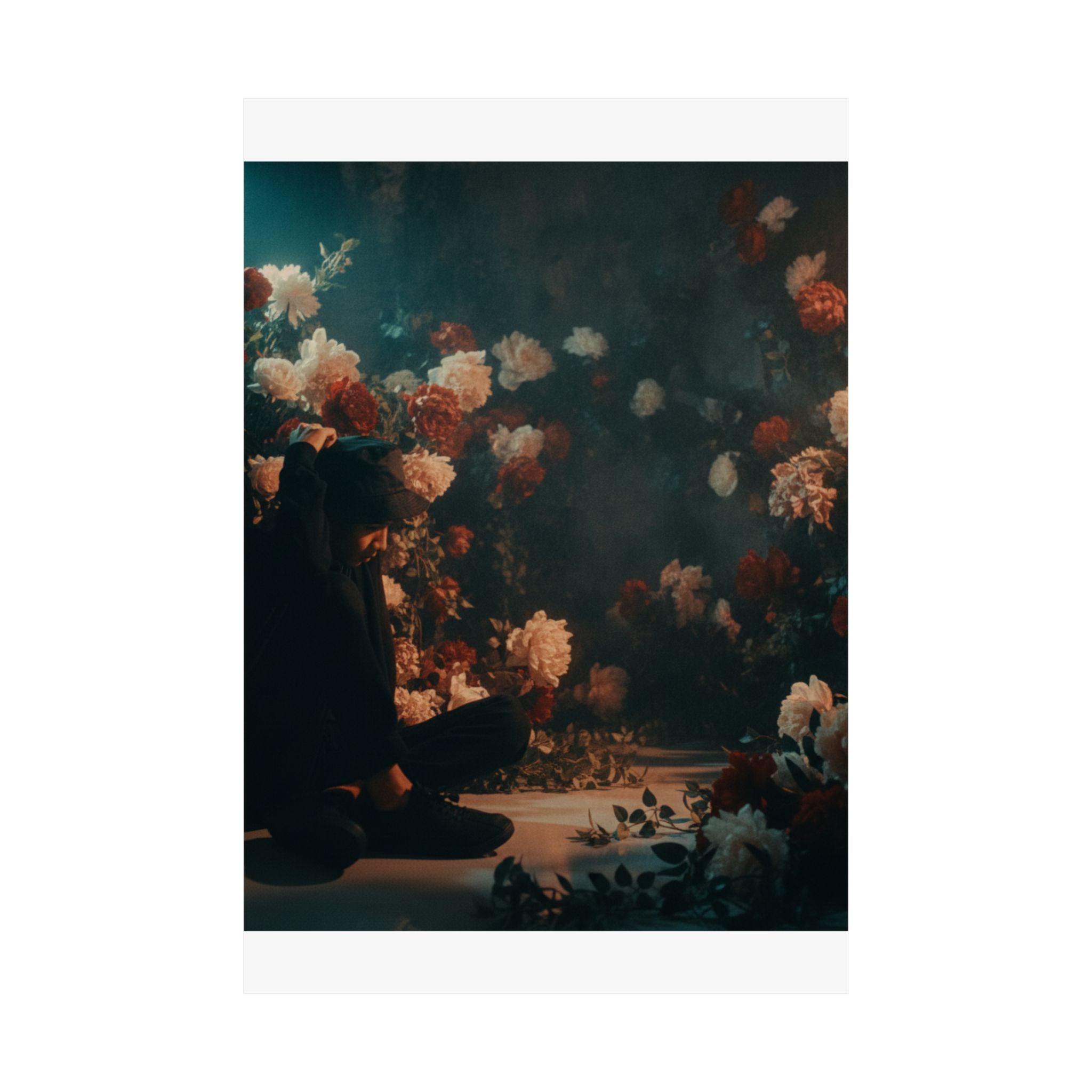 Kneeling Figure in Dark Rose Garden Moody Poster