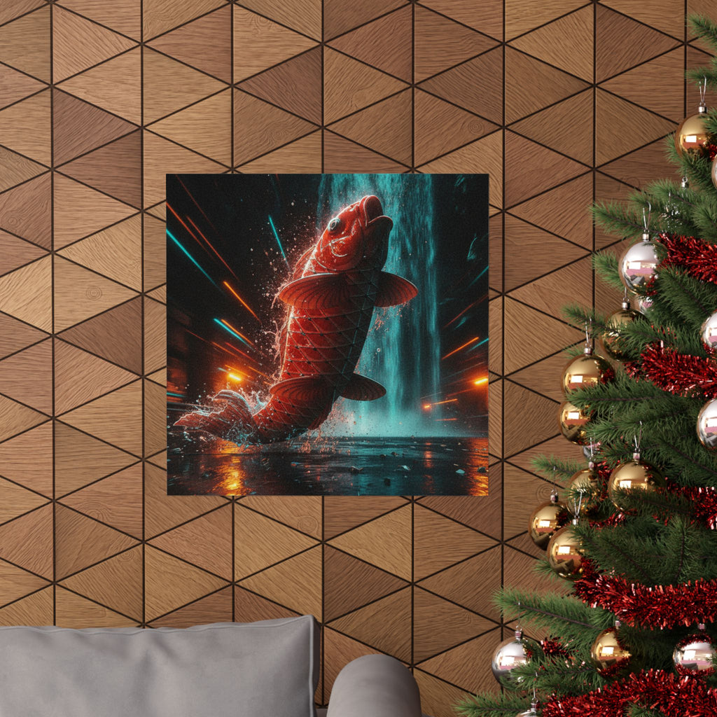 Fast Furious — Red Carp Ascending A Waterfall — Matte Poster