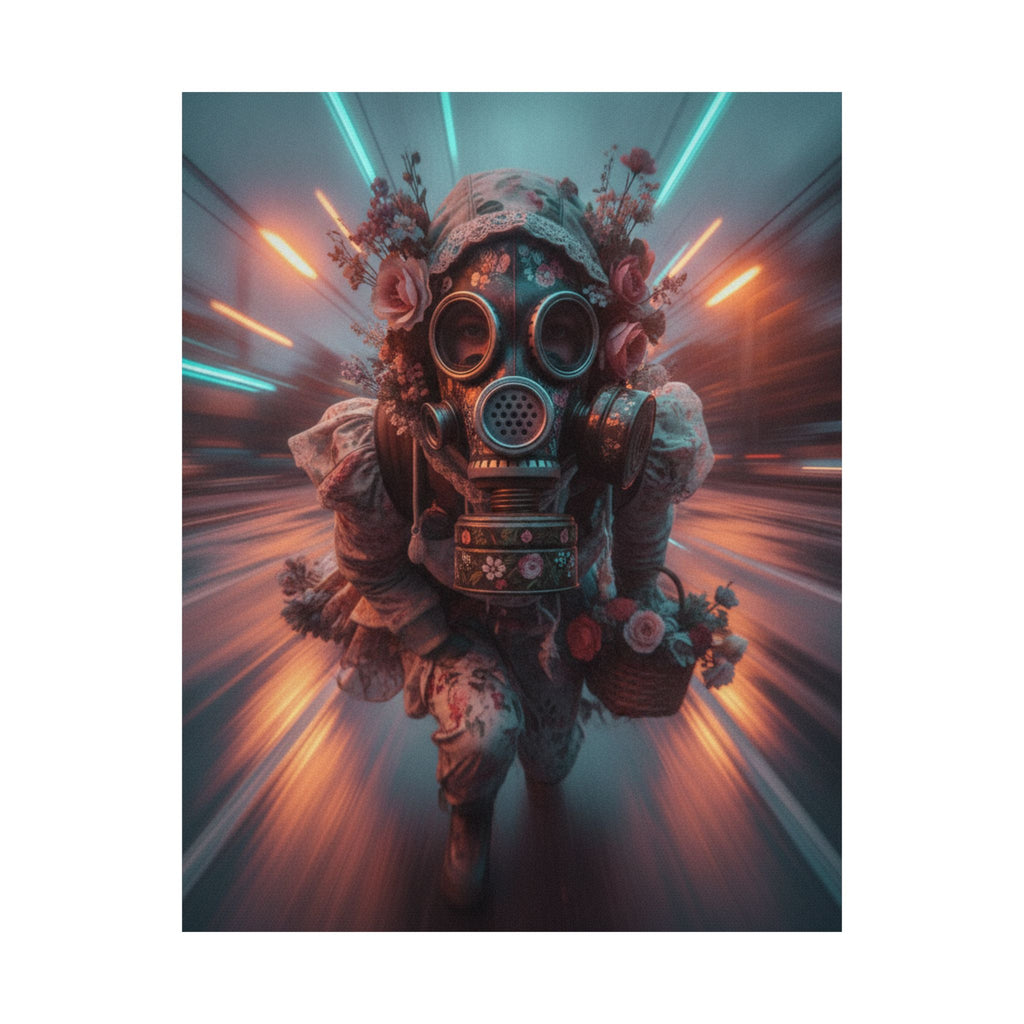 Neon Tunnel Rose Gas Mask Post-Apocalyptic Poster