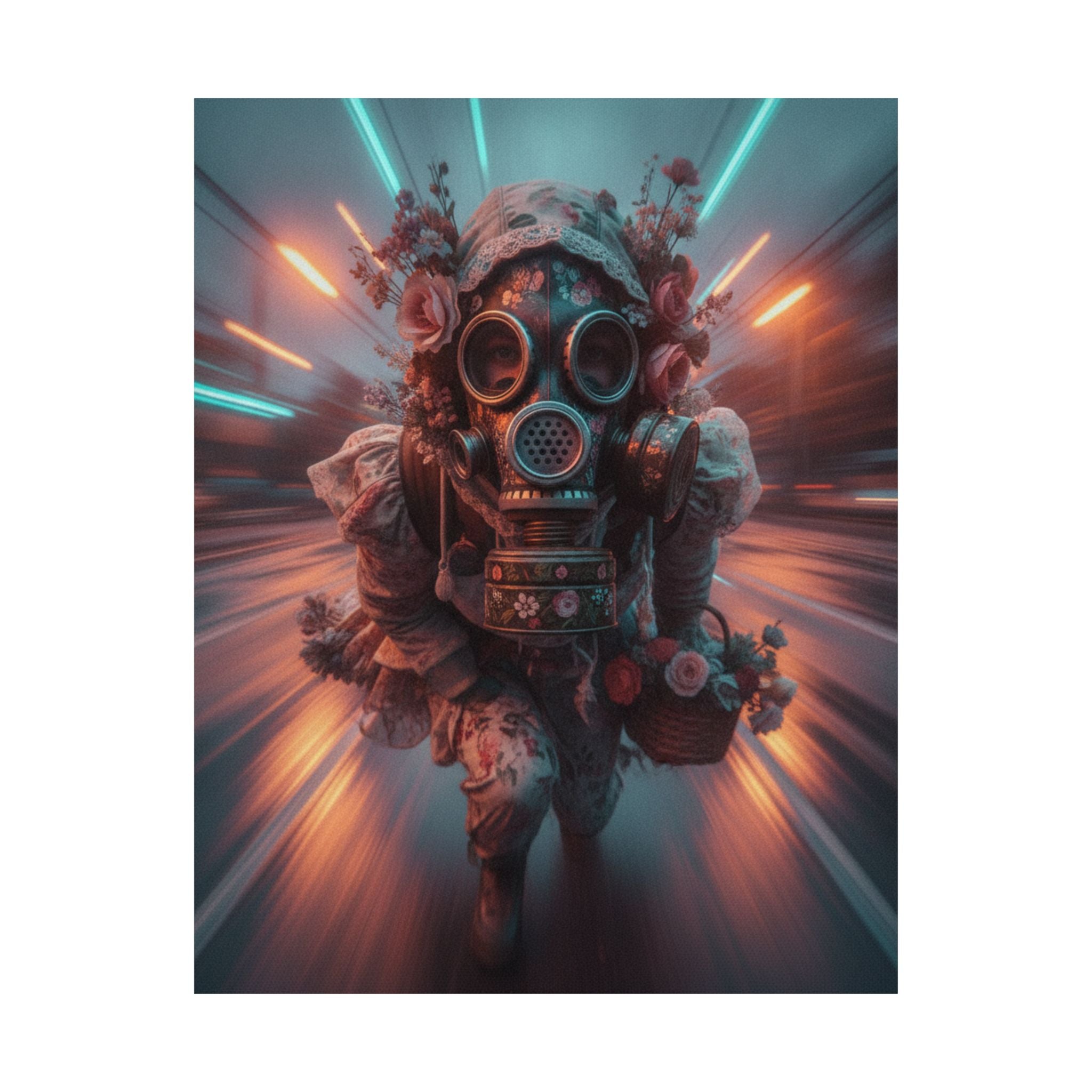 Neon Tunnel Rose Gas Mask Post-Apocalyptic Poster