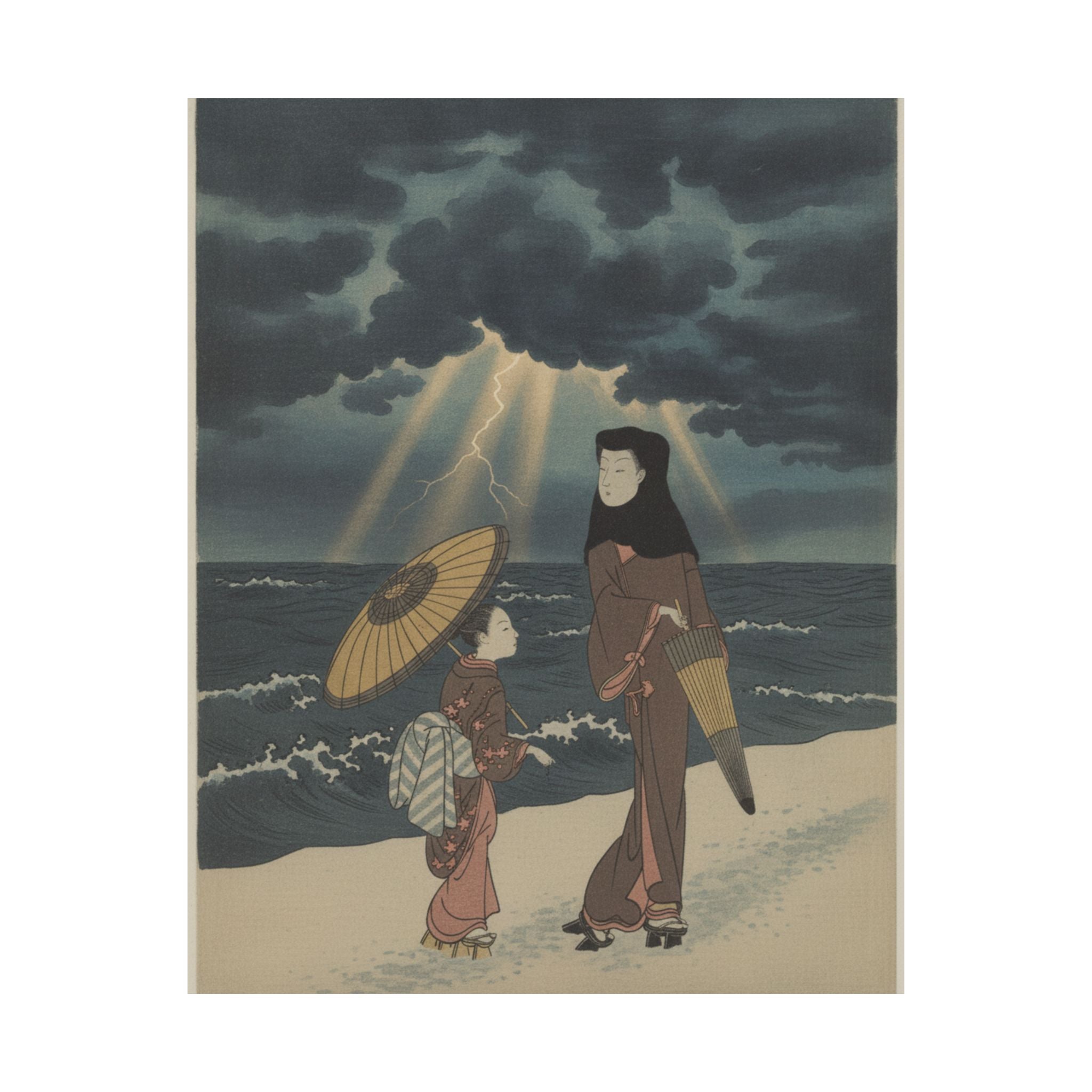 Dramatic Storm — Lady With Black Hood And Umbrella Out Walking With Young Attendant — Matte Poster