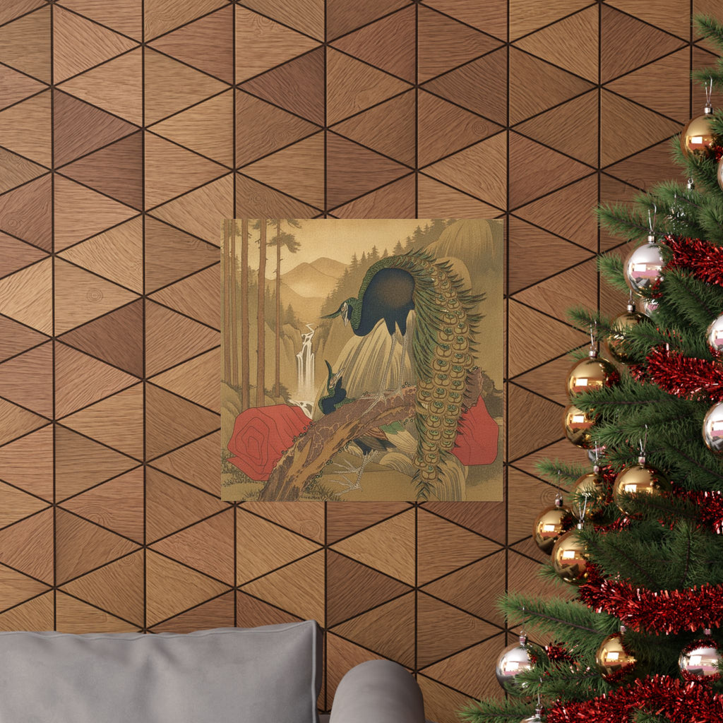 Scenic Nature — Painting Of Peacocks, Pines, A Waterfall, And A Roll Of Red Fabric — Matte Poster