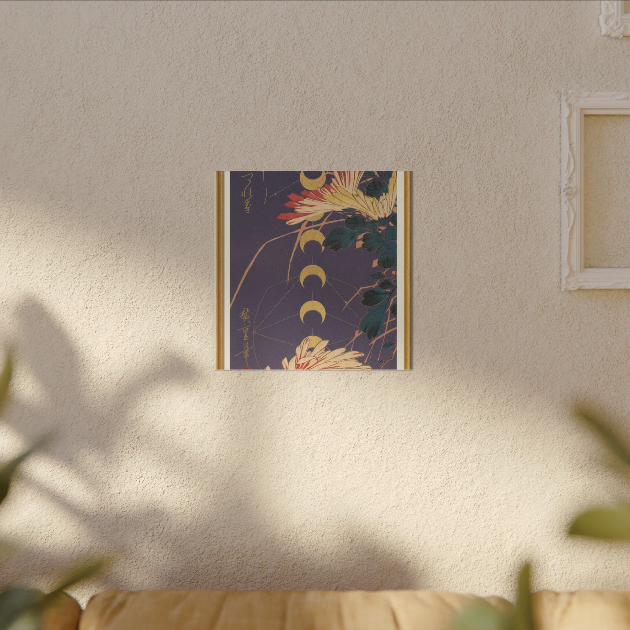Chrysanthemum and Gold Moon Phases Woodblock Matte Canvas