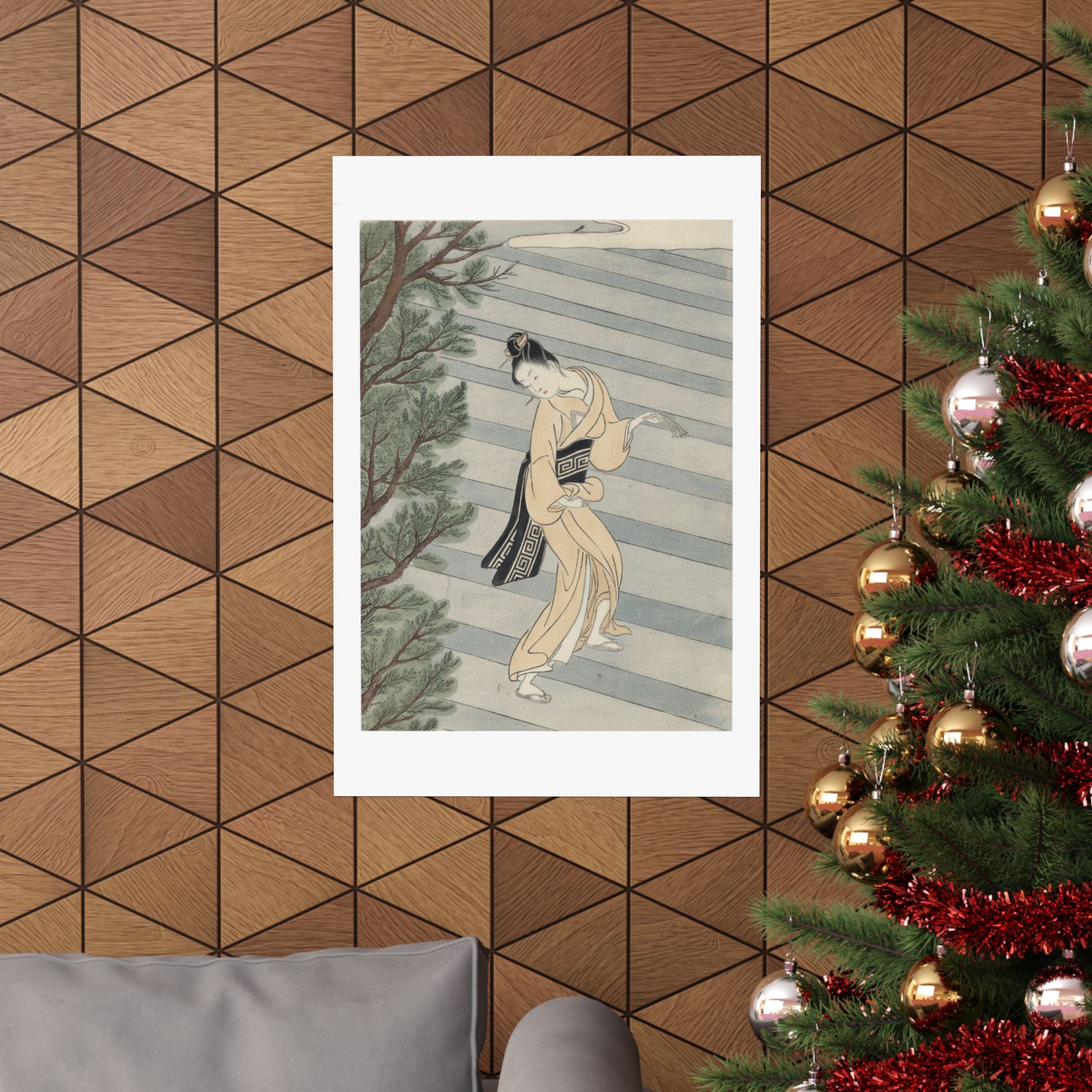Watercolor — Young Woman Climbing Stone Stairs To A Shinto Temple — Matte Poster