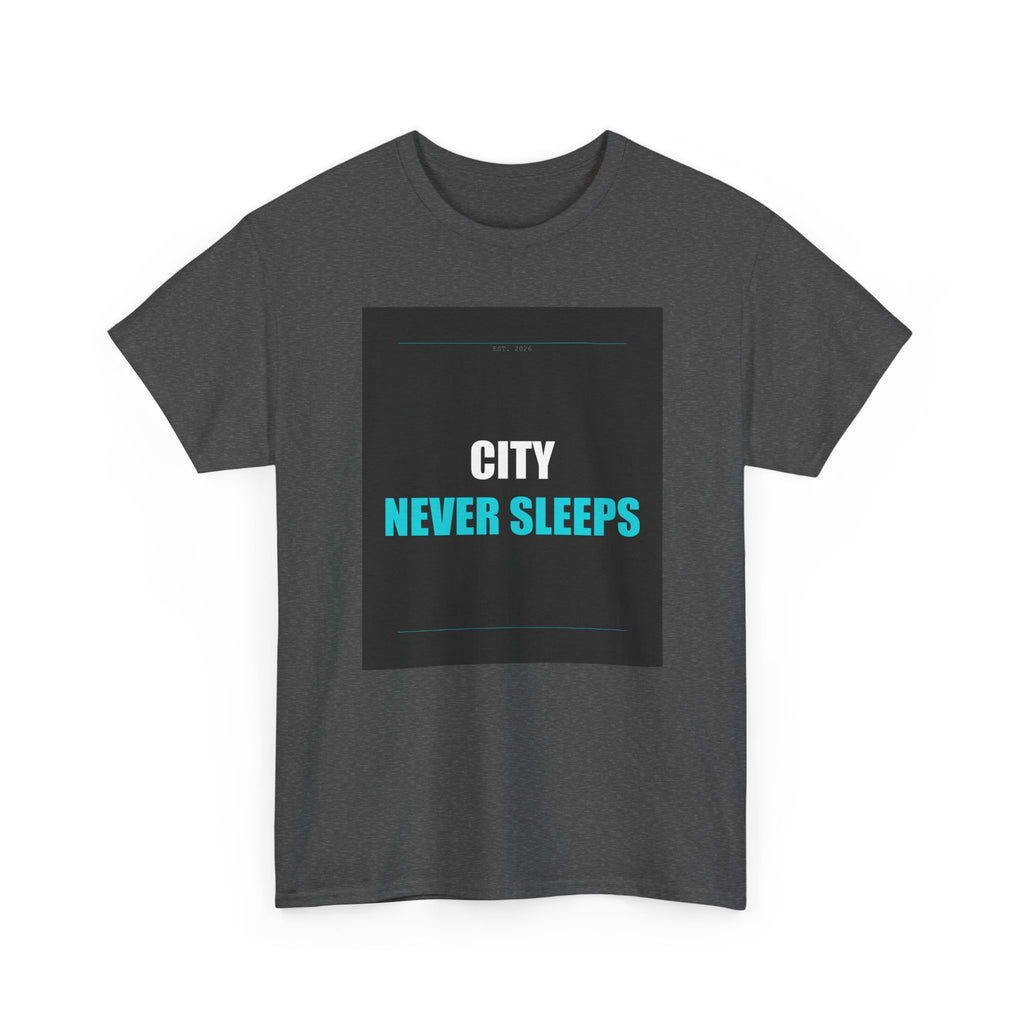 CITY NEVER SLEEPS Cyan Type on Charcoal Graphic Tee