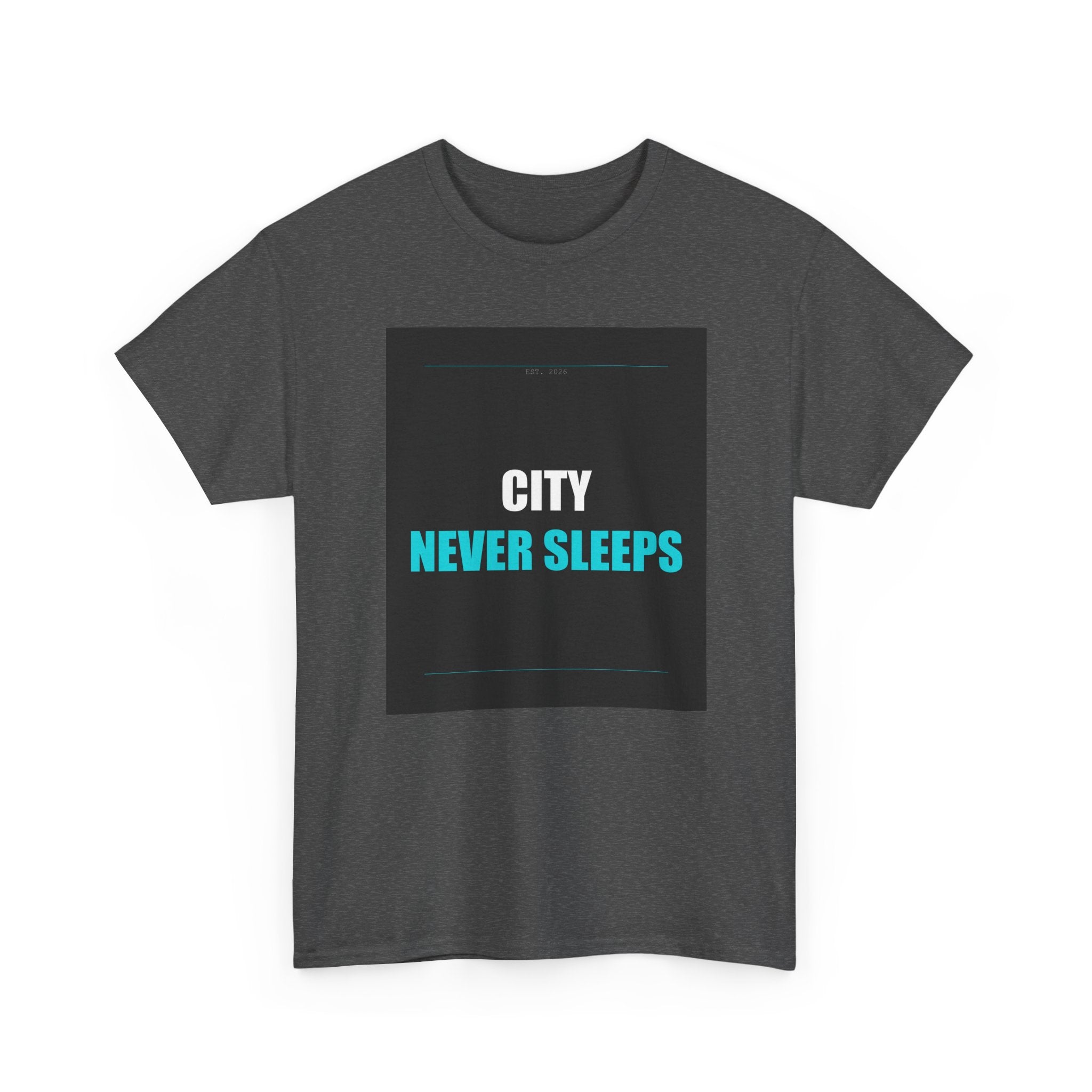 CITY NEVER SLEEPS Cyan Type on Charcoal Graphic Tee