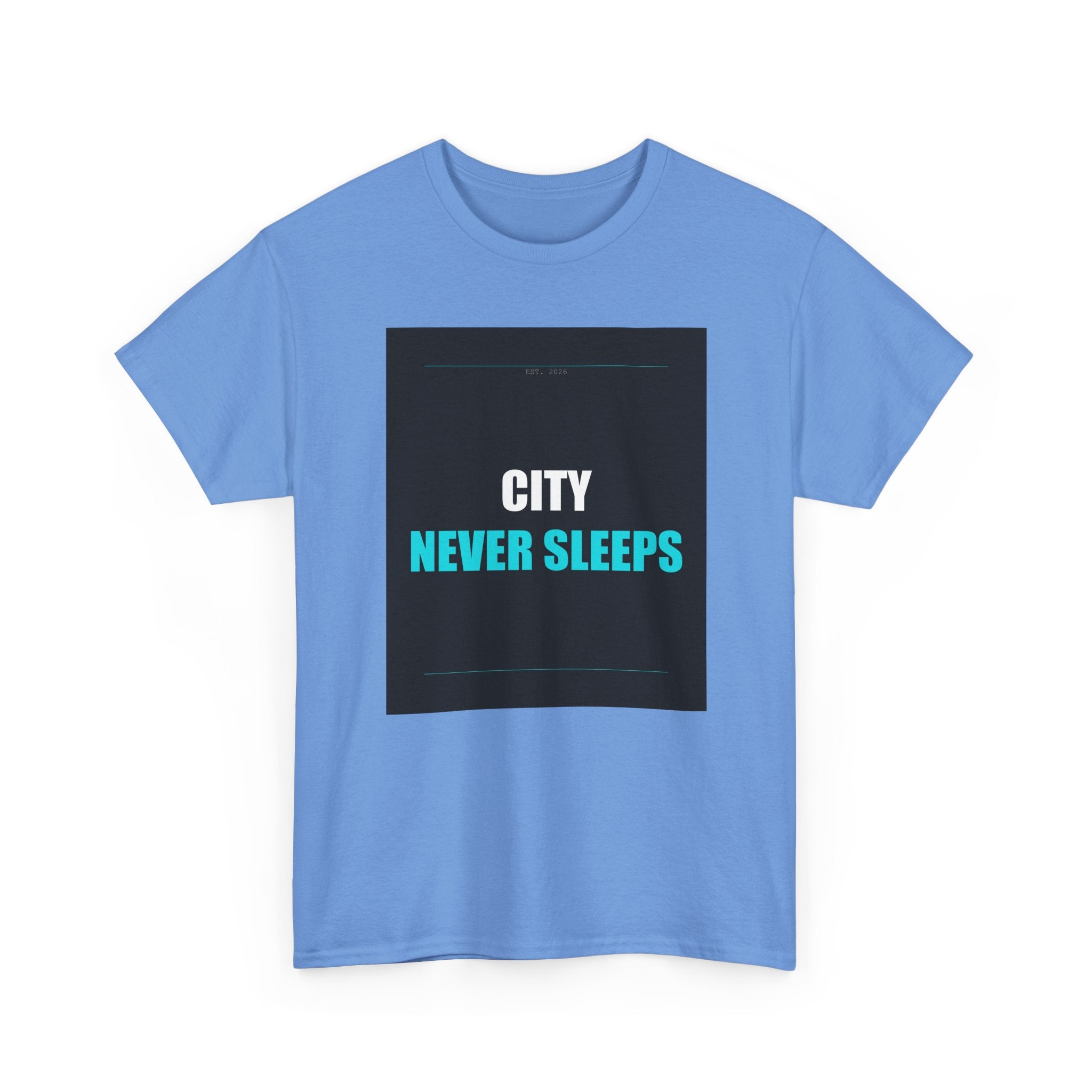 CITY NEVER SLEEPS Cyan Type on Charcoal Graphic Tee