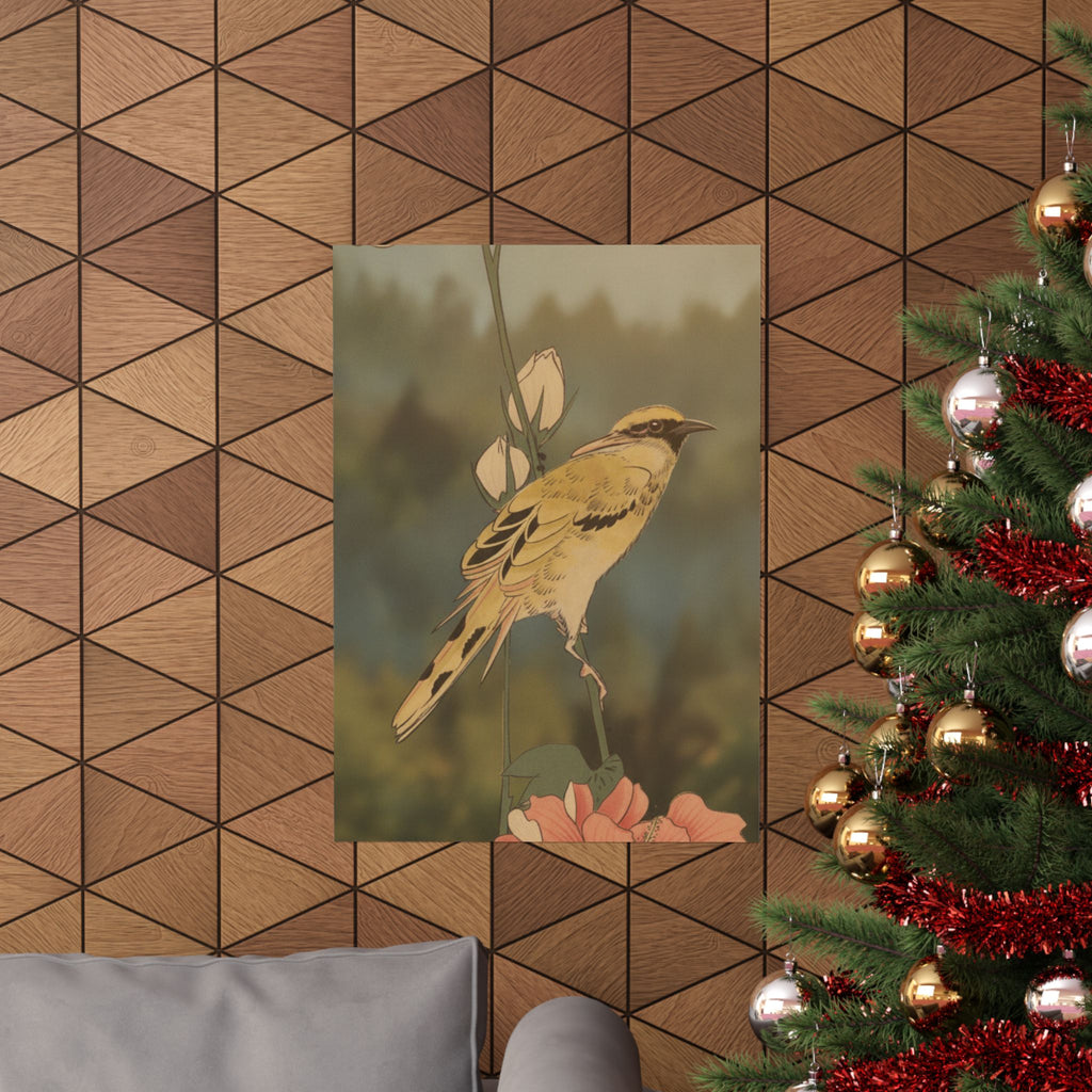Scenic Nature — Black-Naped Oriole Perched On A Stem Of Rose Mallow — Matte Poster