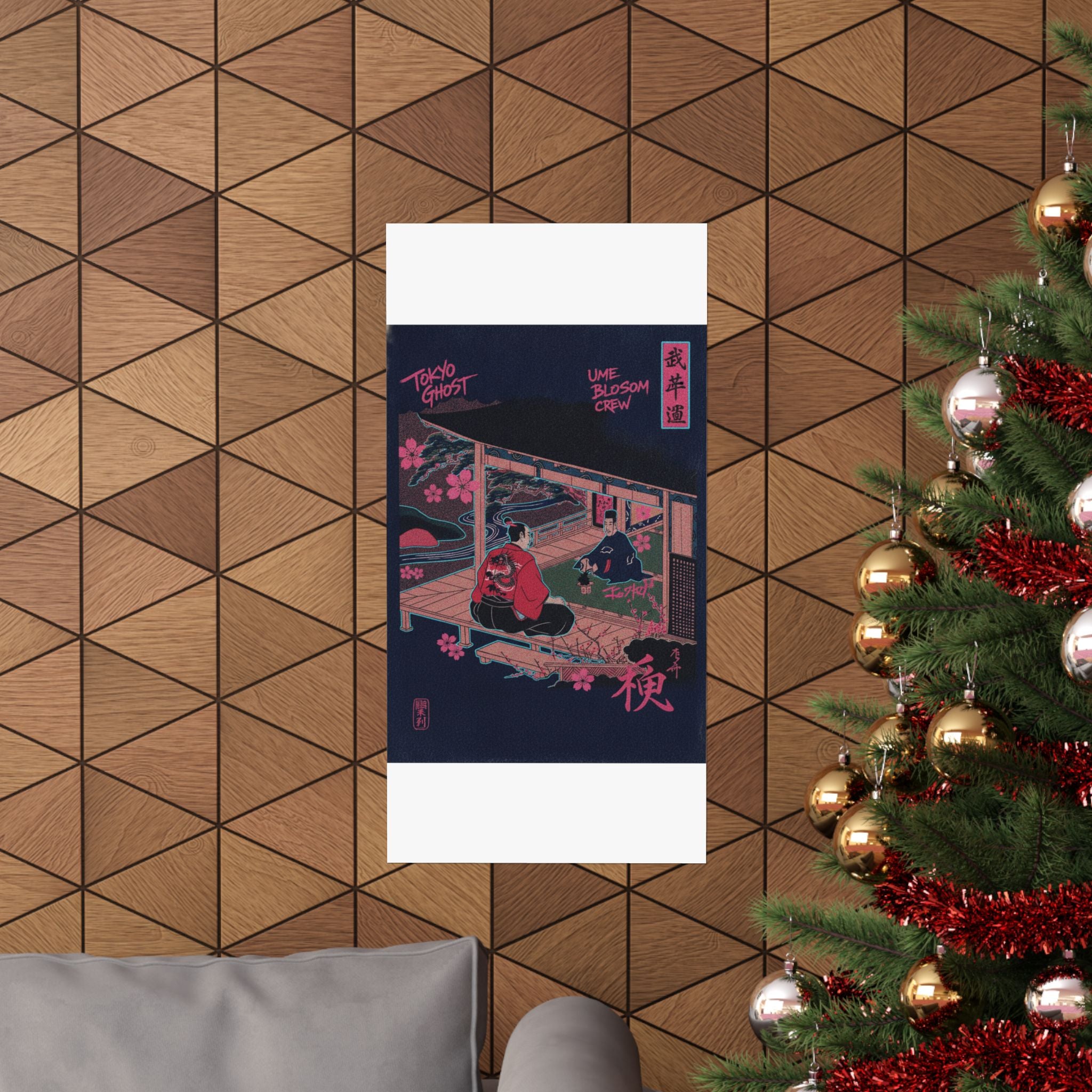 Japanese Street — Samurai Admiring Pine-Tree And Plum Blossoms — Matte Poster