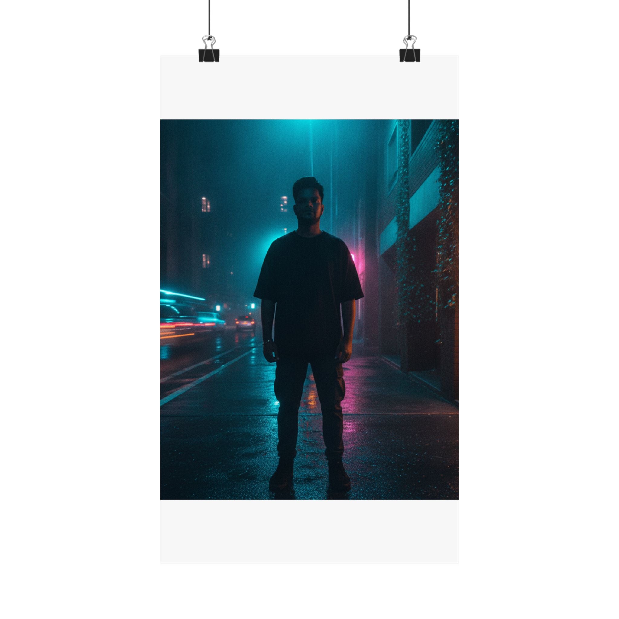 Rainy Neon City Street Silhouette Teal Pink Matte Poster